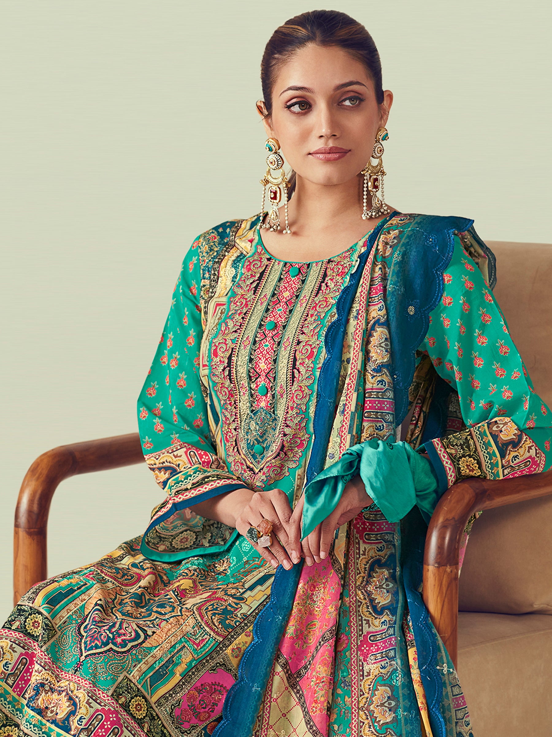 Teal Lawn Cotton Indian Suit | Digital Print with Resham Thread Work & Jari Couture