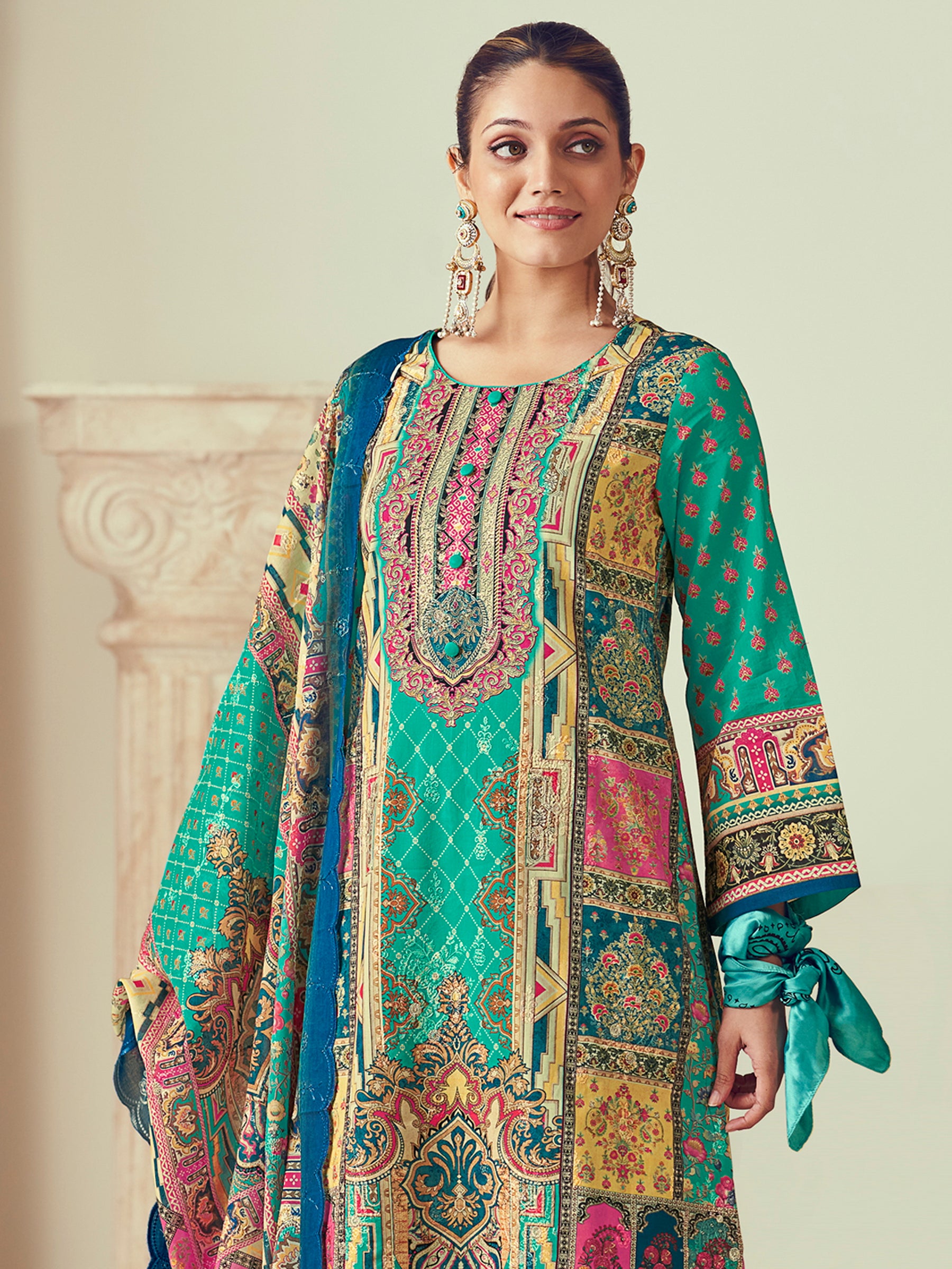 Teal Lawn Cotton Indian Suit | Digital Print with Resham Thread Work & Jari Couture