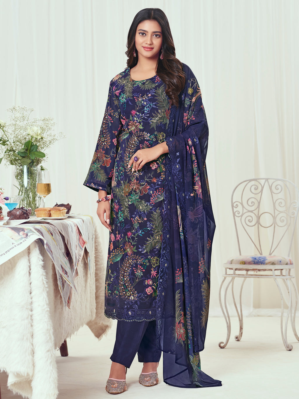 Navy Midnight Georgette Dress Material | Floral Digital Print with Resham & Sequin