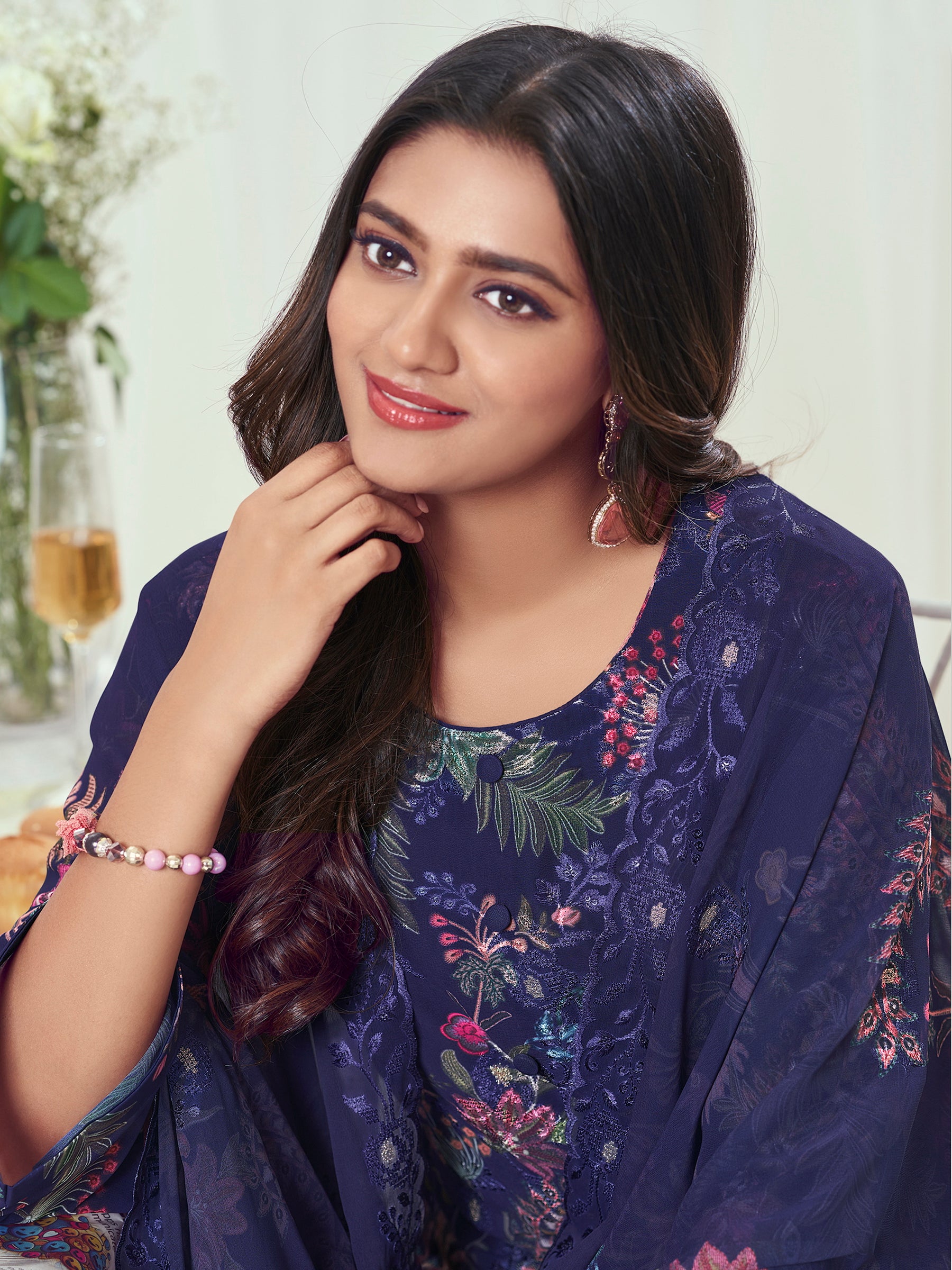 Navy Midnight Georgette Dress Material | Floral Digital Print with Resham & Sequin