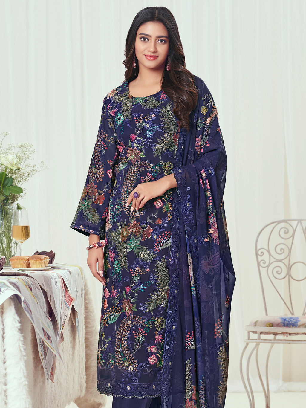 Navy Midnight Georgette Dress Material | Floral Digital Print with Resham & Sequin