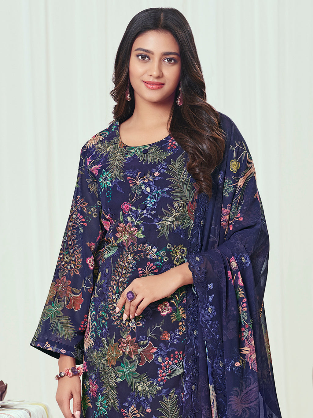 Navy Midnight Georgette Dress Material | Floral Digital Print with Resham & Sequin