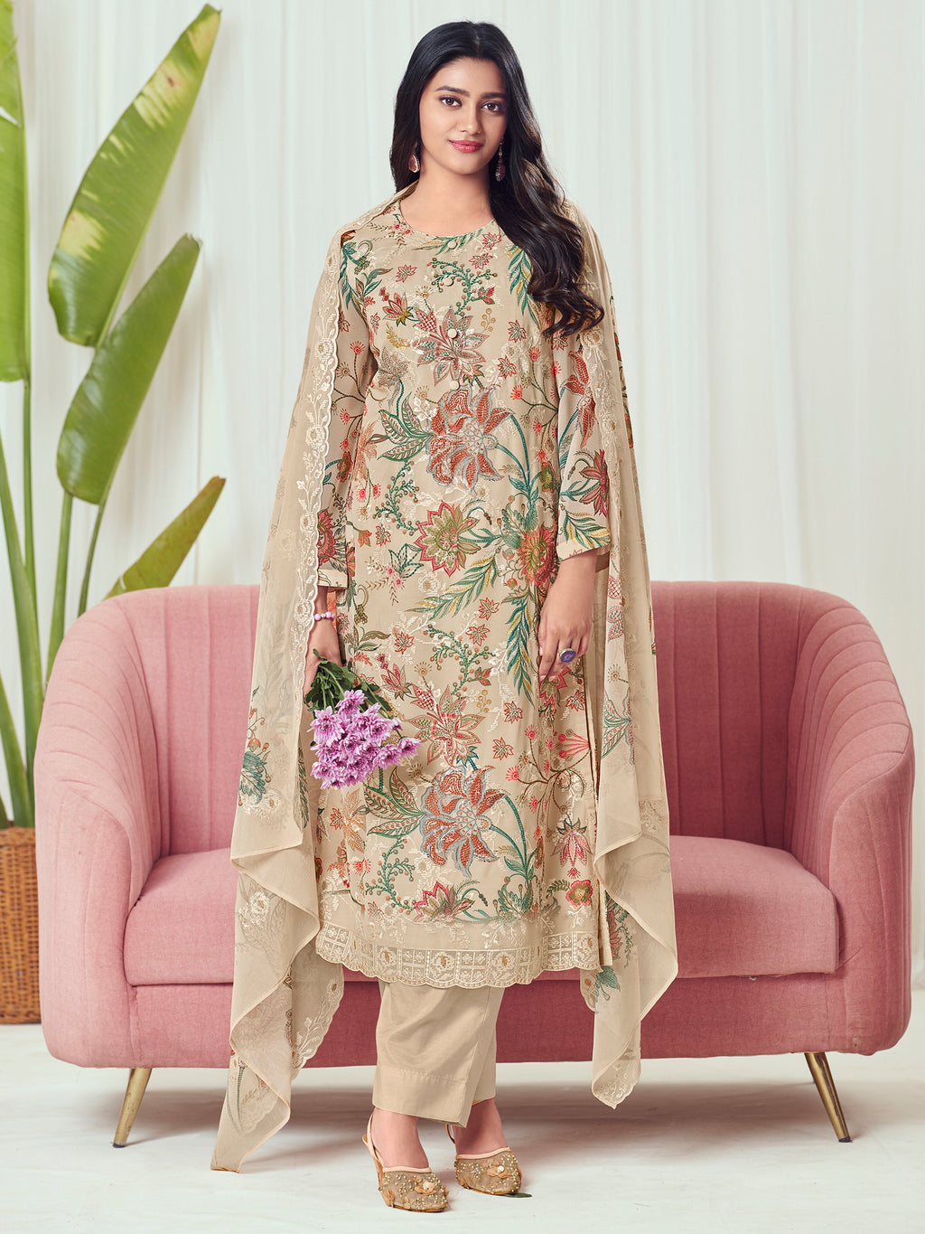 Desert Sand Georgette Dress Material | Floral Digital Print with Resham & Sequin