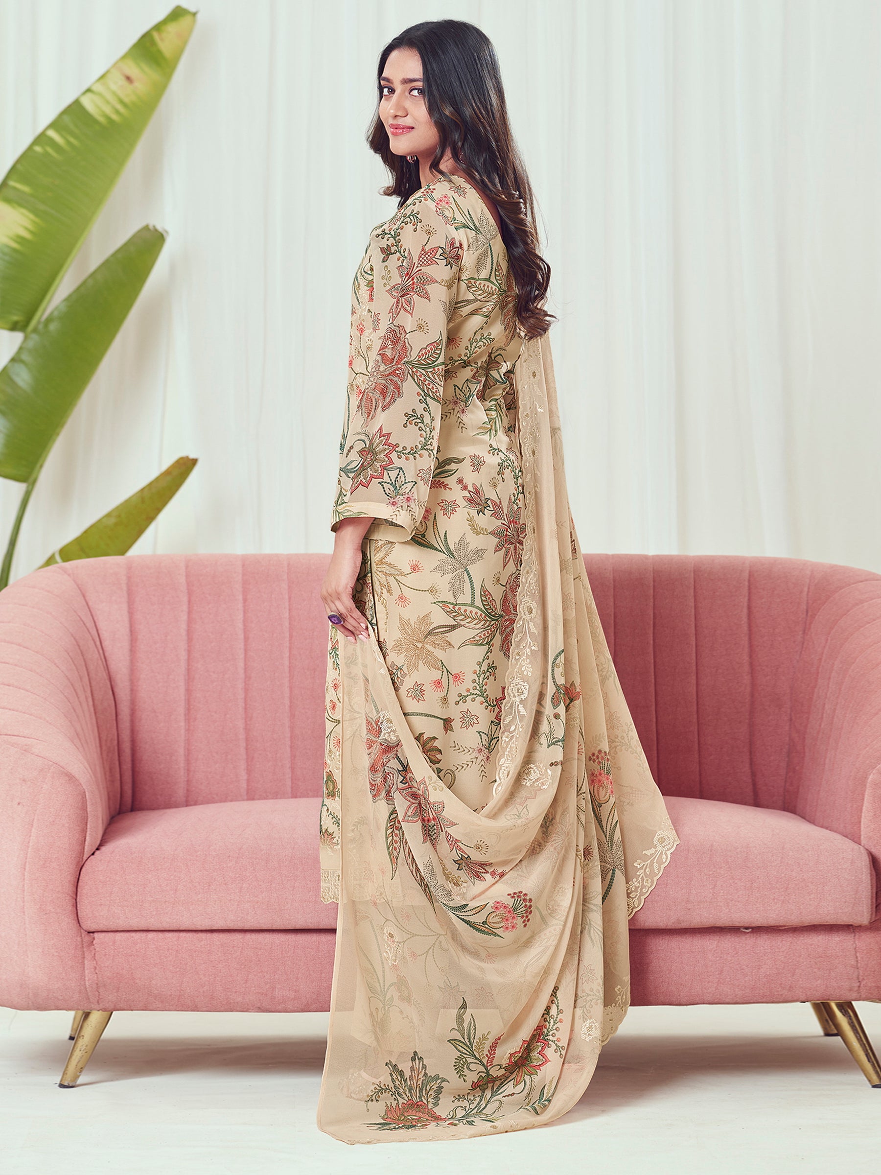 Desert Sand Georgette Dress Material | Floral Digital Print with Resham & Sequin