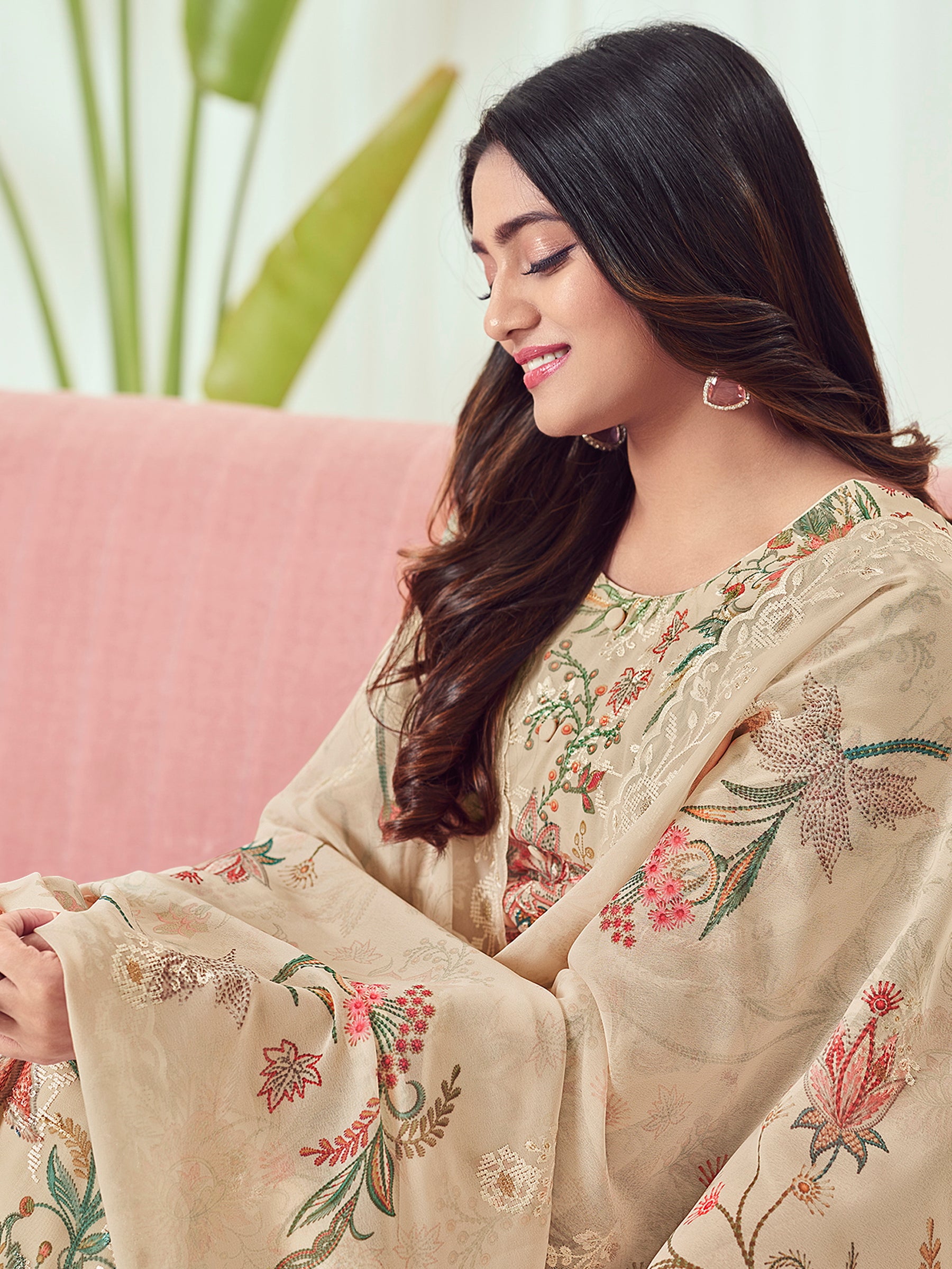 Desert Sand Georgette Dress Material | Floral Digital Print with Resham & Sequin