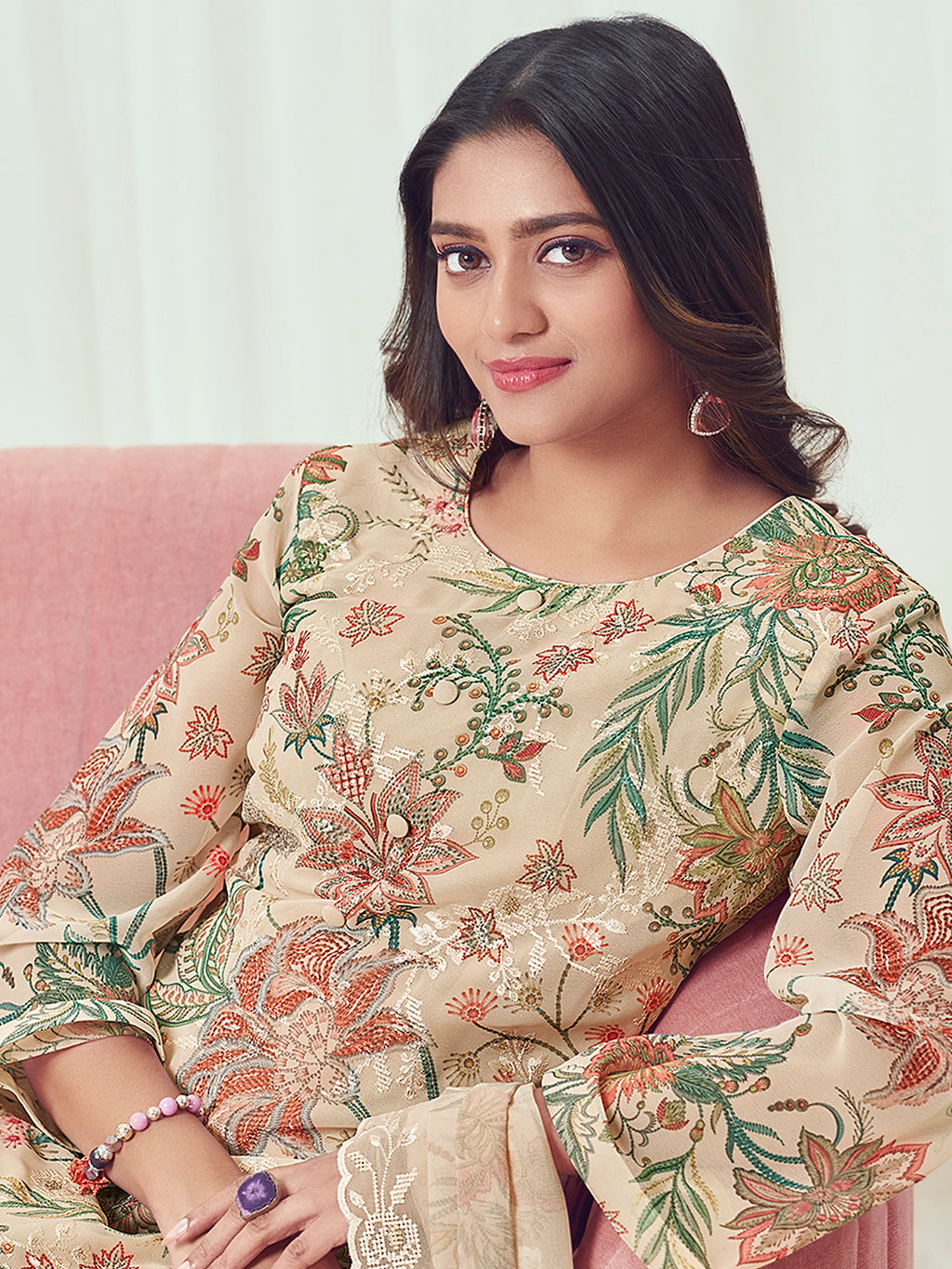 Desert Sand Georgette Dress Material | Floral Digital Print with Resham & Sequin