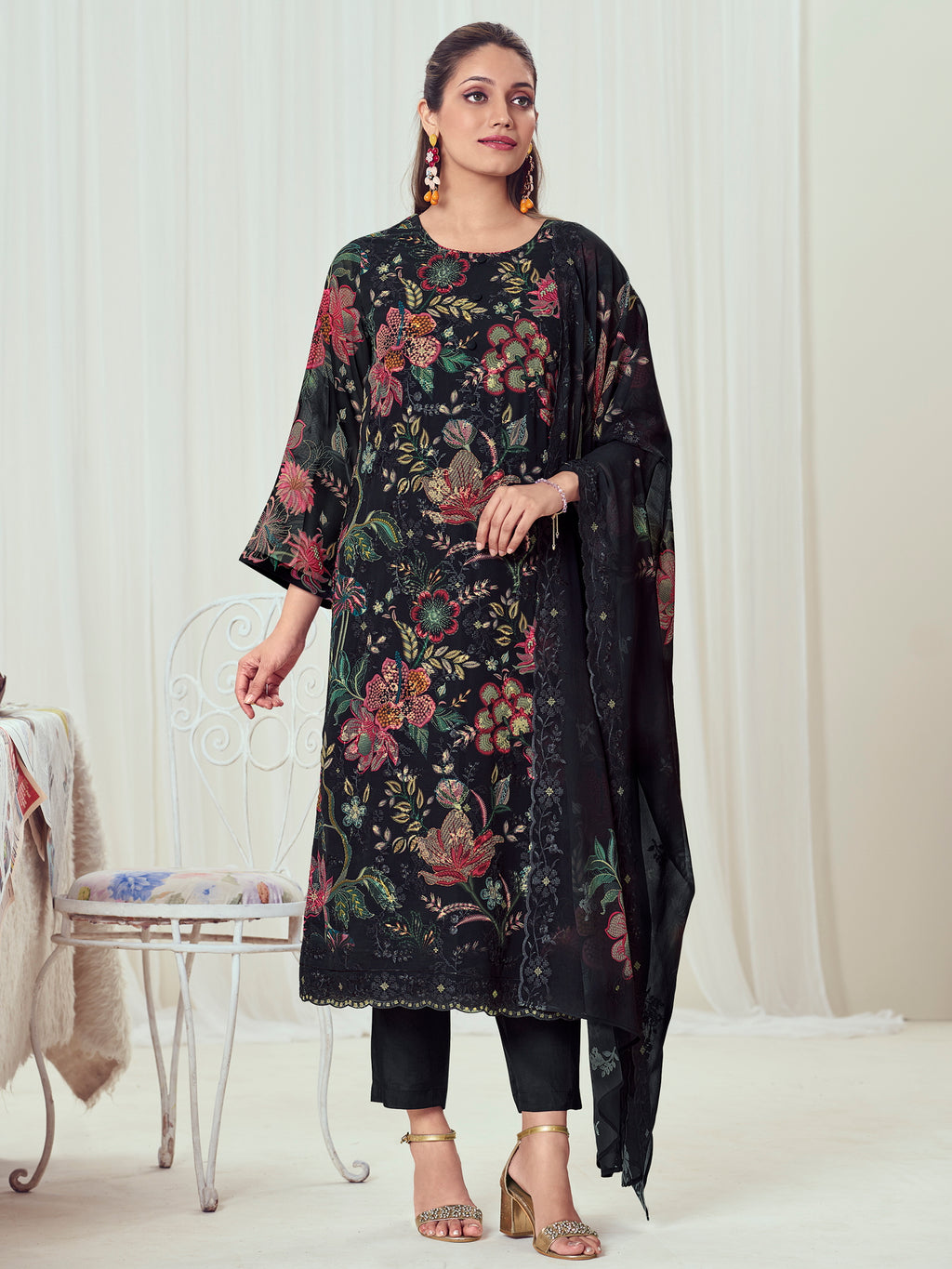 Ebony Night Georgette Dress Material | Floral Digital Print with Resham & Sequin
