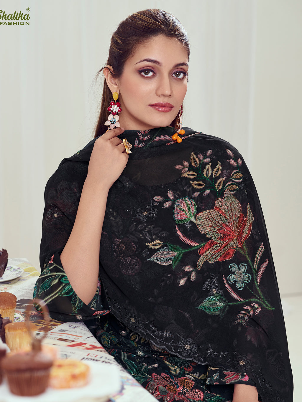 Ebony Night Georgette Dress Material | Floral Digital Print with Resham & Sequin