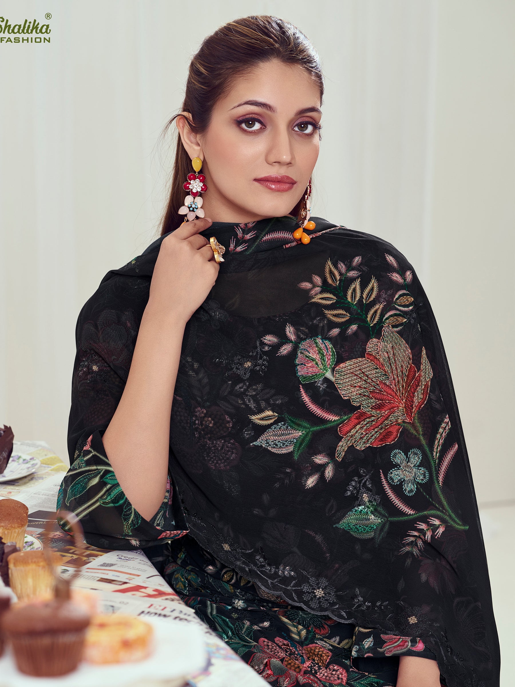 Ebony Night Georgette Dress Material | Floral Digital Print with Resham & Sequin