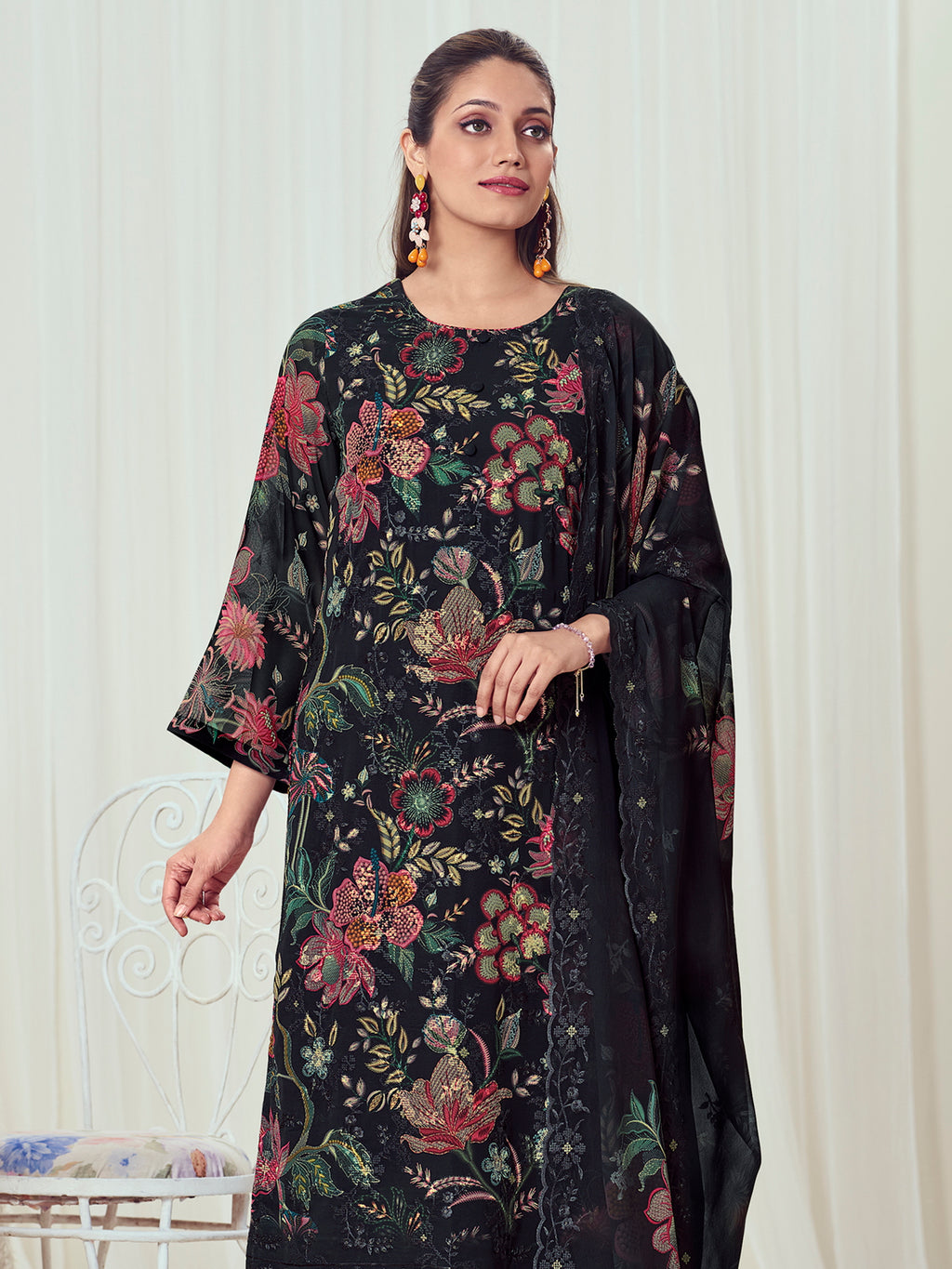 Ebony Night Georgette Dress Material | Floral Digital Print with Resham & Sequin