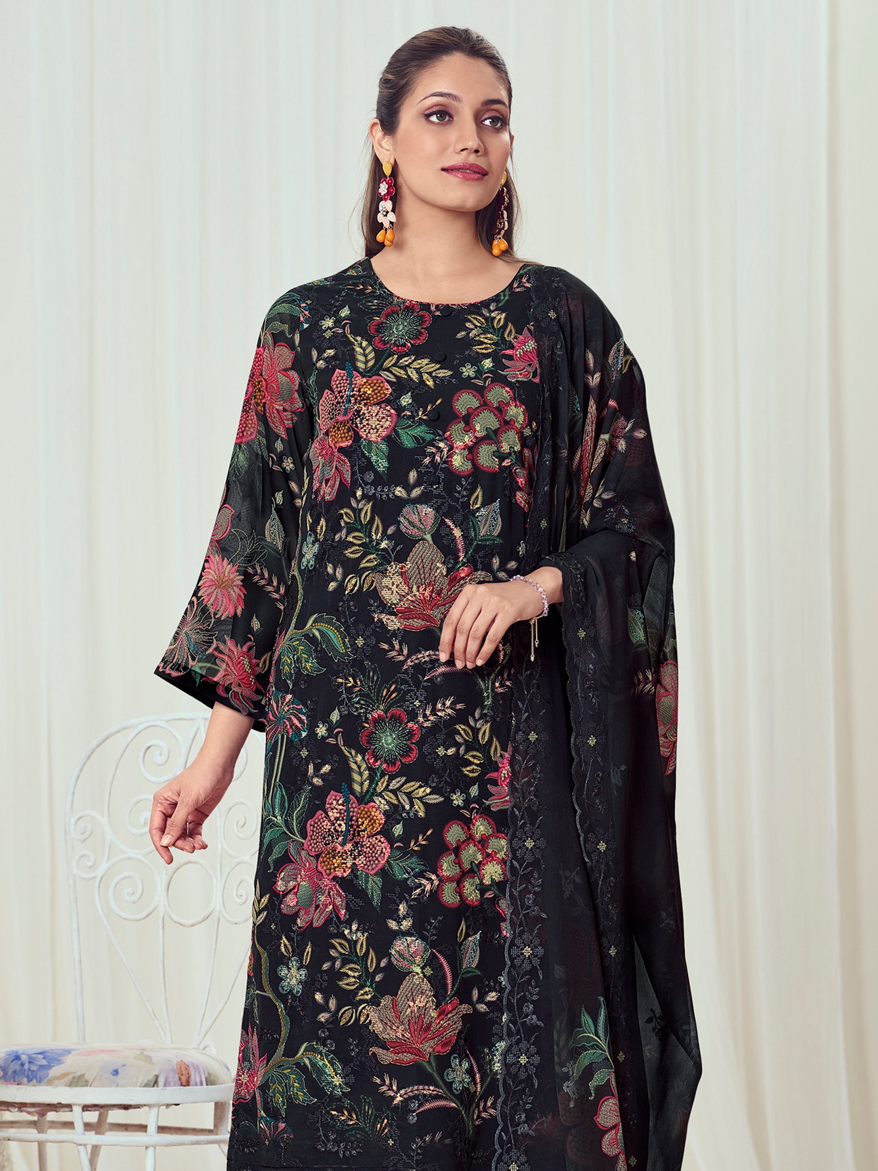 Ebony Night Georgette Dress Material | Floral Digital Print with Resham & Sequin