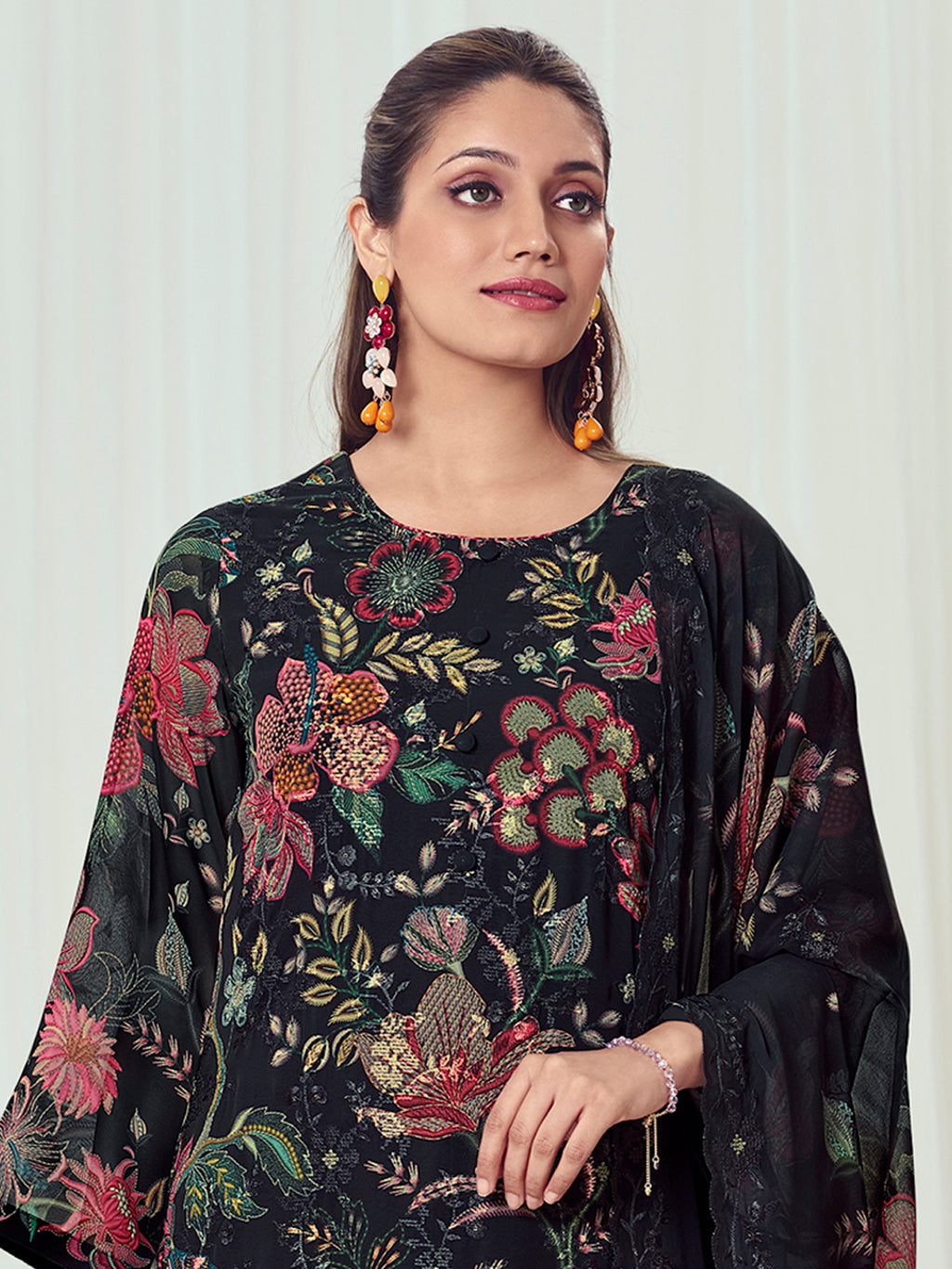 Ebony Night Georgette Dress Material | Floral Digital Print with Resham & Sequin