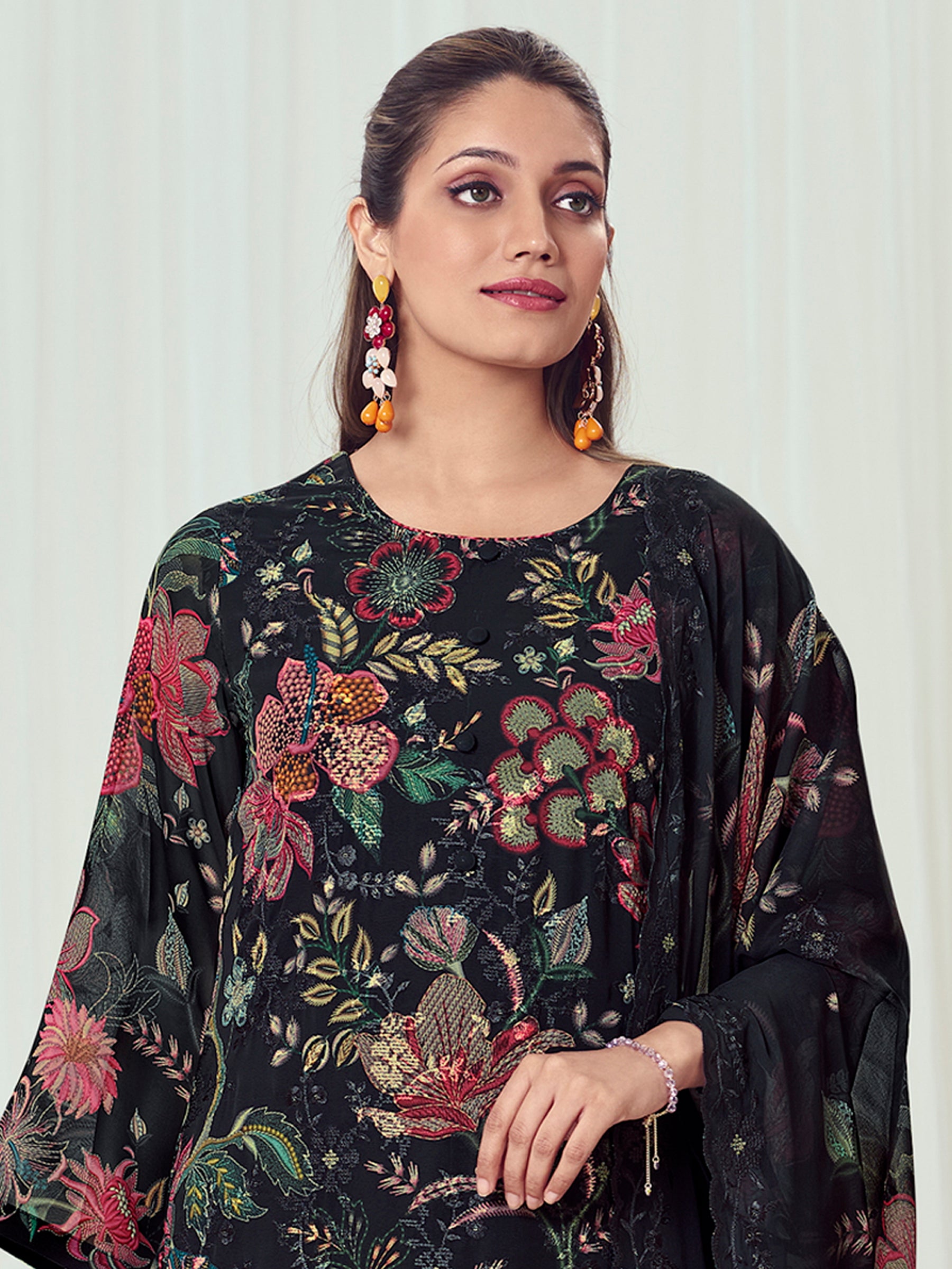 Ebony Night Georgette Dress Material | Floral Digital Print with Resham & Sequin