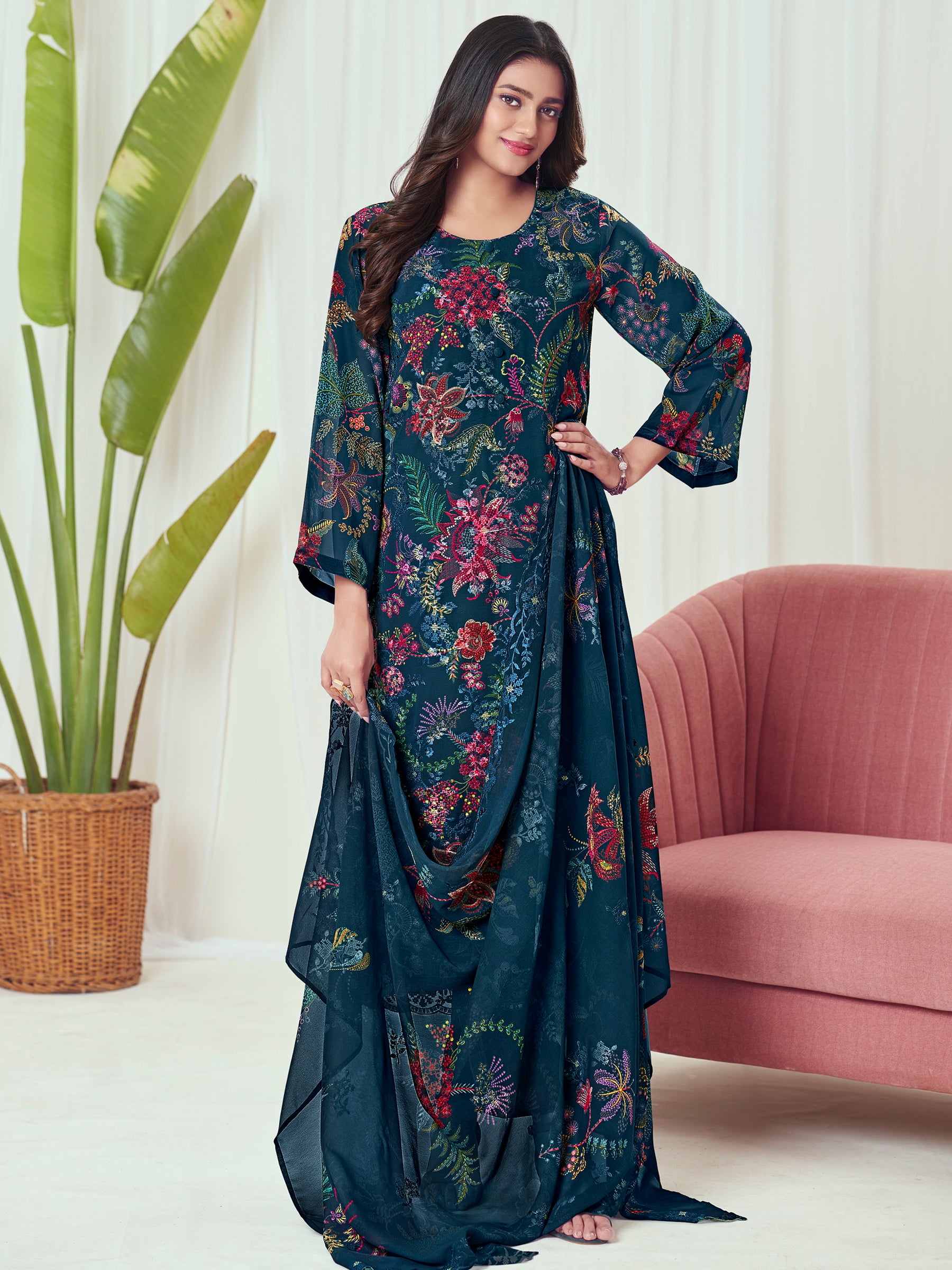 Ocean Depths Georgette Dress Material | Floral Digital Print with Resham & Sequin