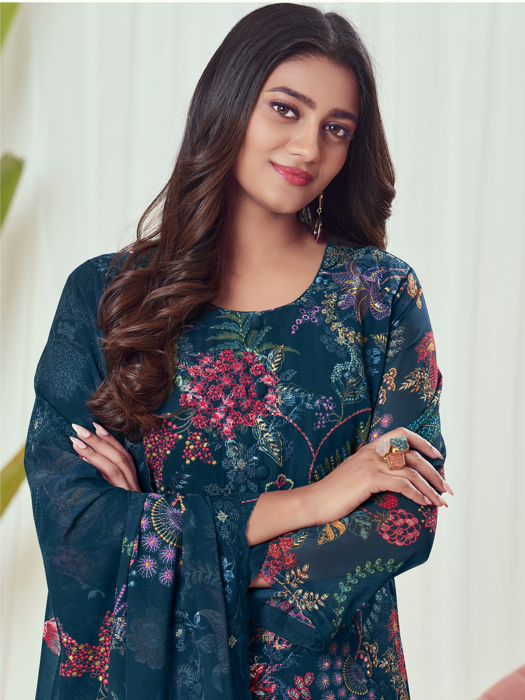 Ocean Depths Georgette Dress Material | Floral Digital Print with Resham & Sequin