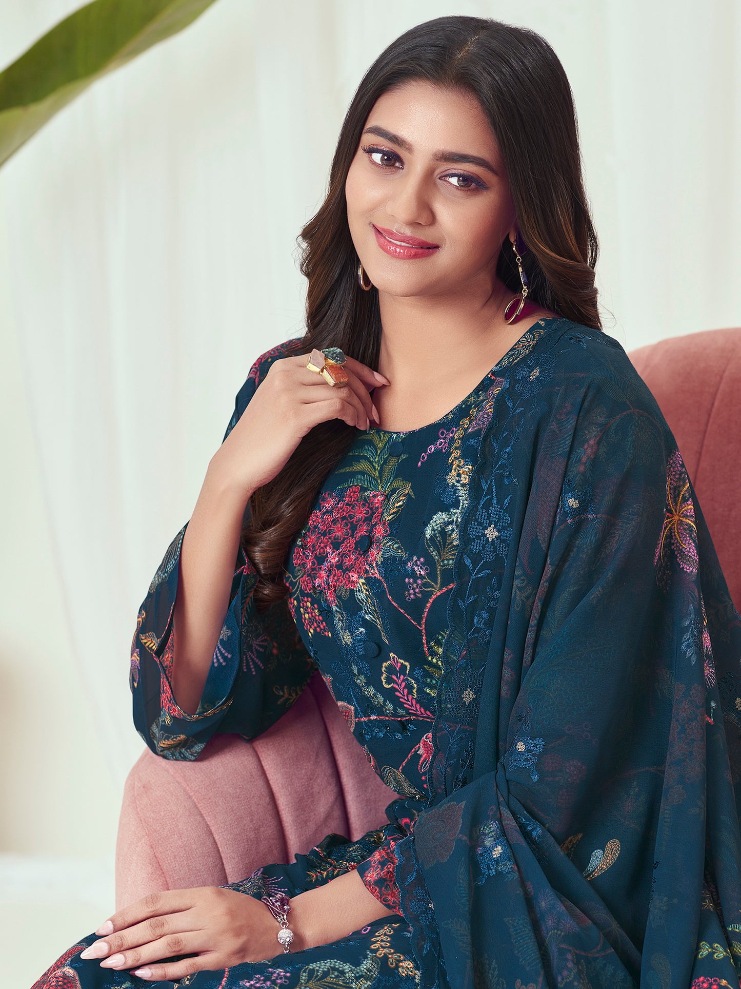 Ocean Depths Georgette Dress Material | Floral Digital Print with Resham & Sequin