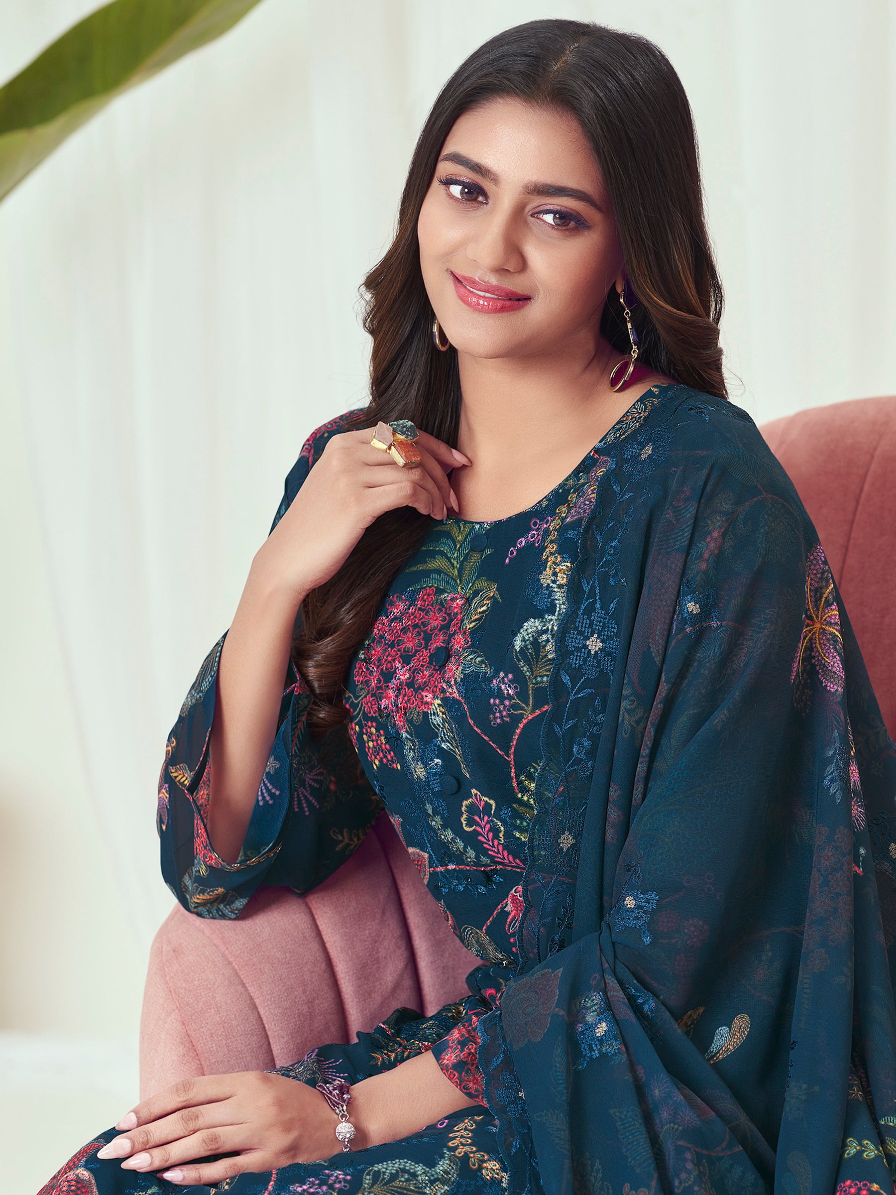 Ocean Depths Georgette Dress Material | Floral Digital Print with Resham & Sequin