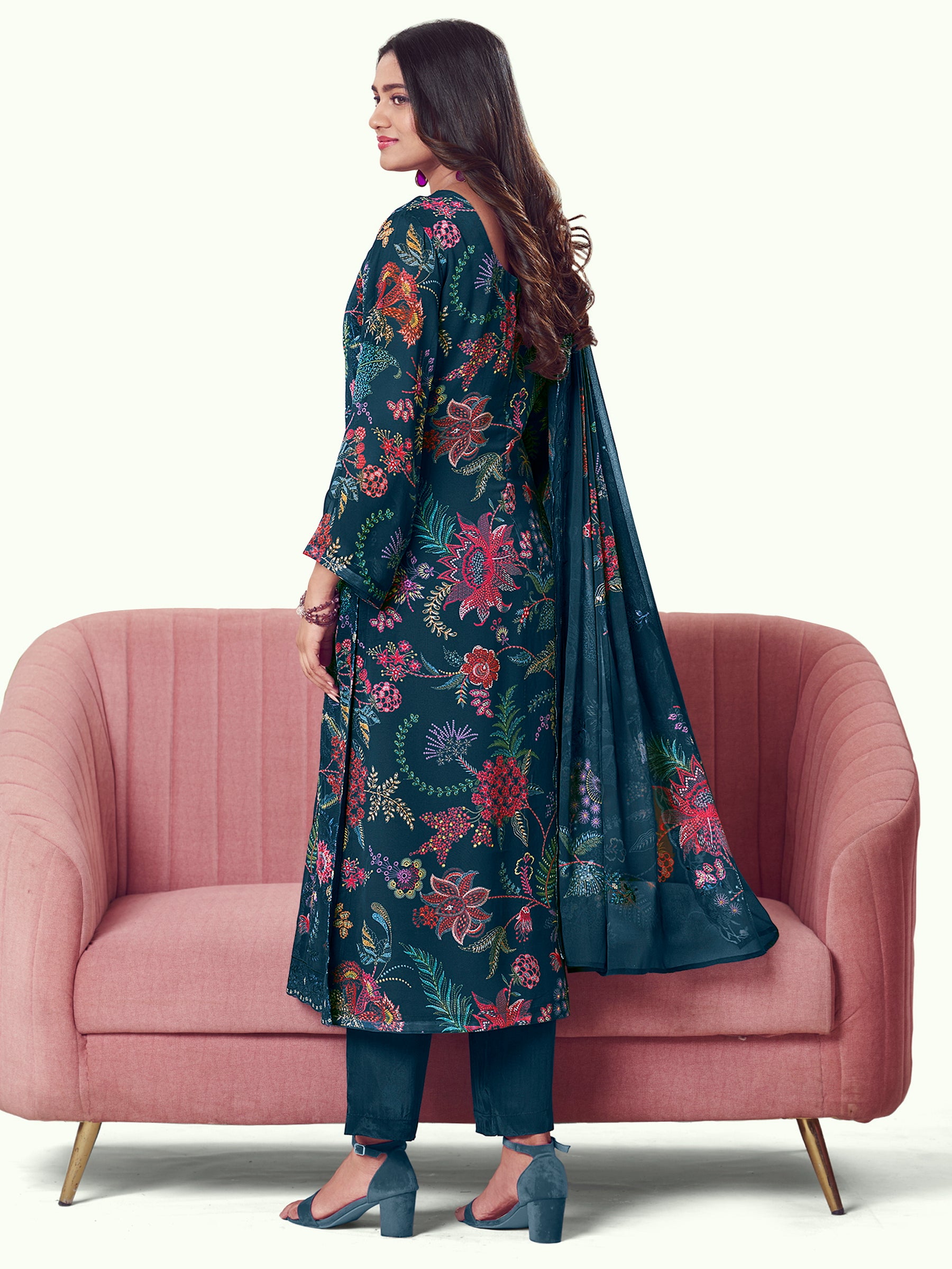 Ocean Depths Georgette Dress Material | Floral Digital Print with Resham & Sequin