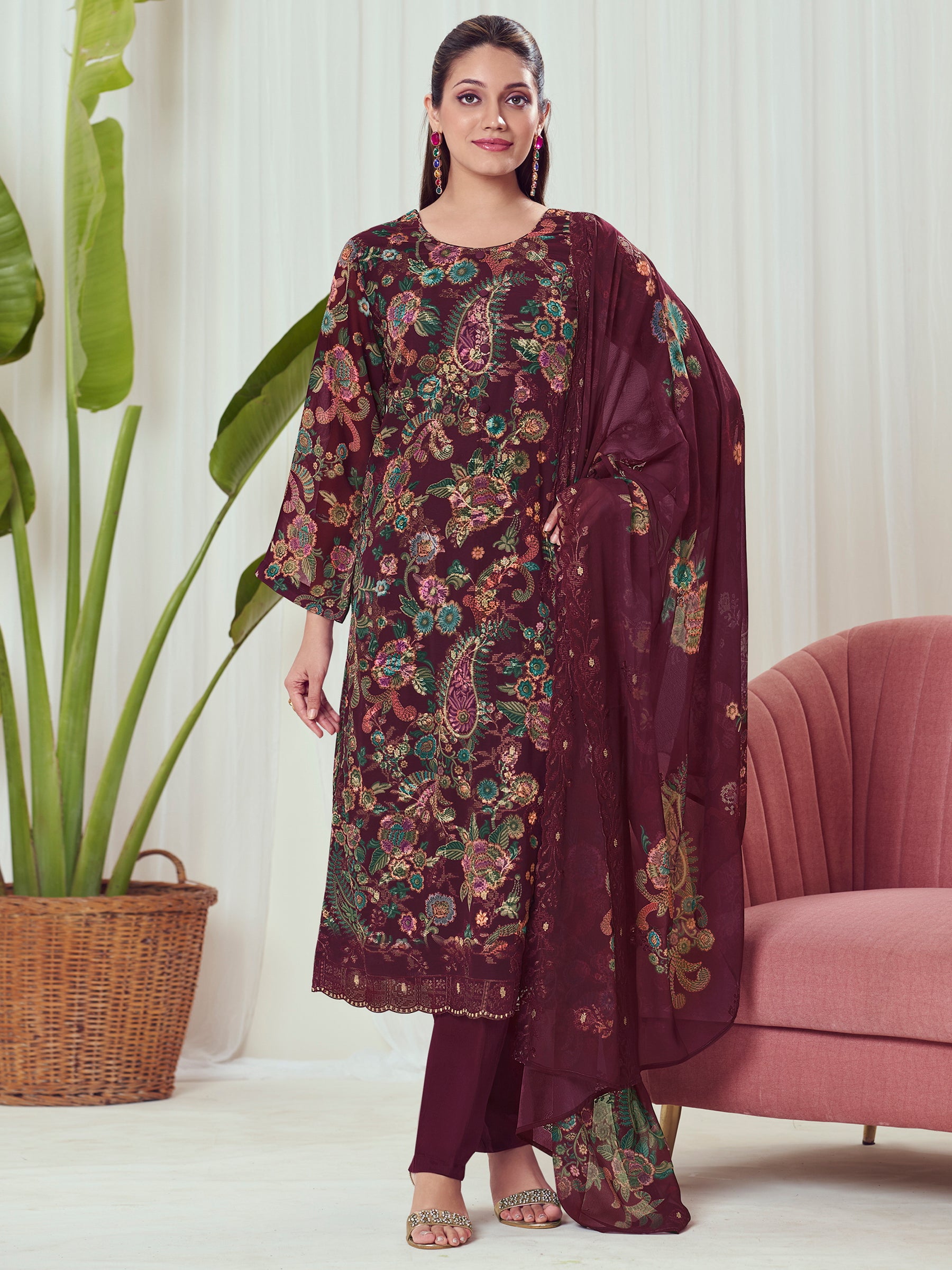 Royal Wine Georgette Dress Material | Floral Digital Print with Resham & Sequin