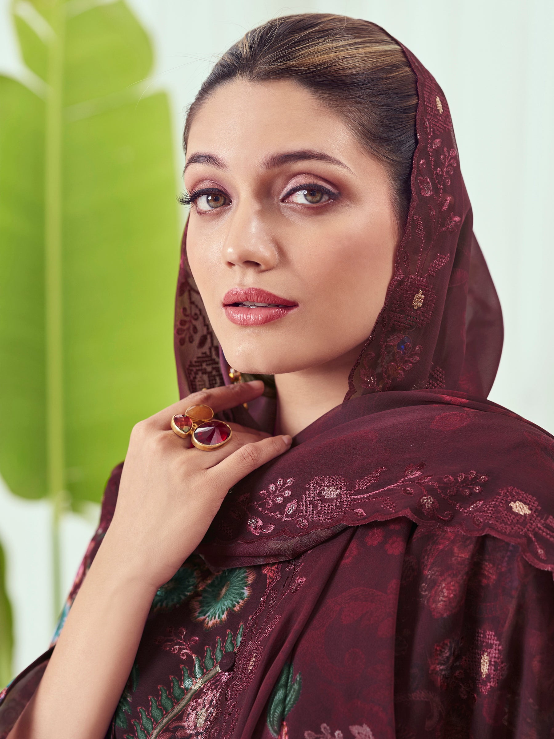 Royal Wine Georgette Dress Material | Floral Digital Print with Resham & Sequin