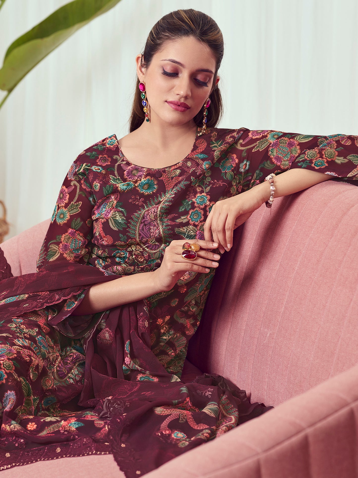 Royal Wine Georgette Dress Material | Floral Digital Print with Resham & Sequin