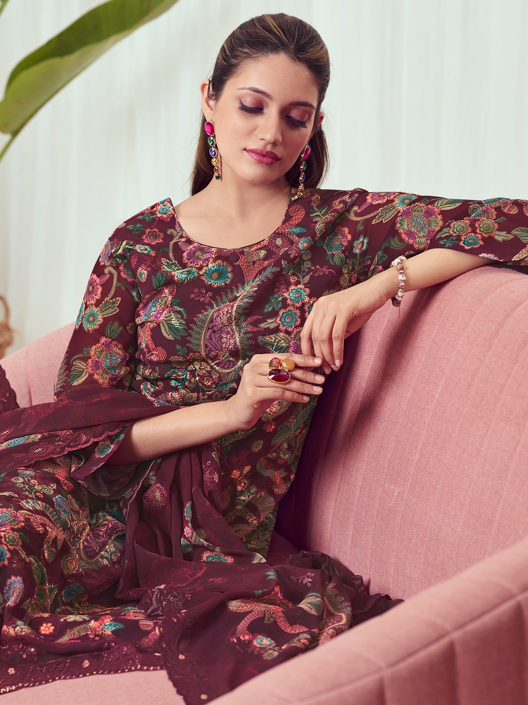 Royal Wine Georgette Dress Material | Floral Digital Print with Resham & Sequin