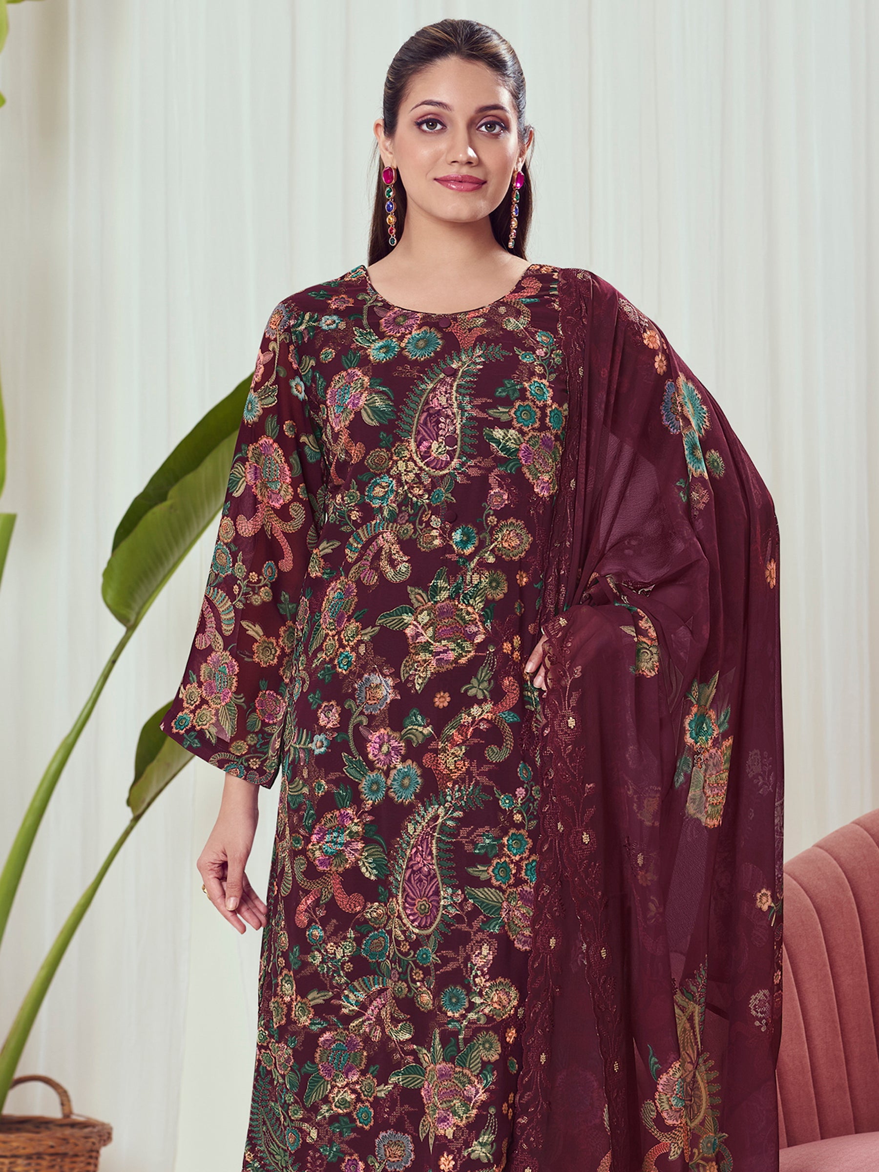 Royal Wine Georgette Dress Material | Floral Digital Print with Resham & Sequin