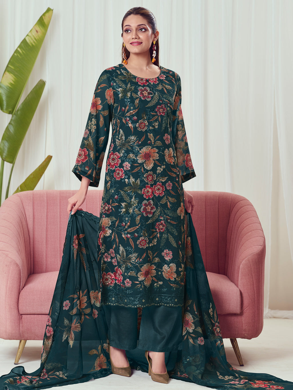 Peacock Lagoon Georgette Dress Material | Floral Digital Print with Resham & Sequin