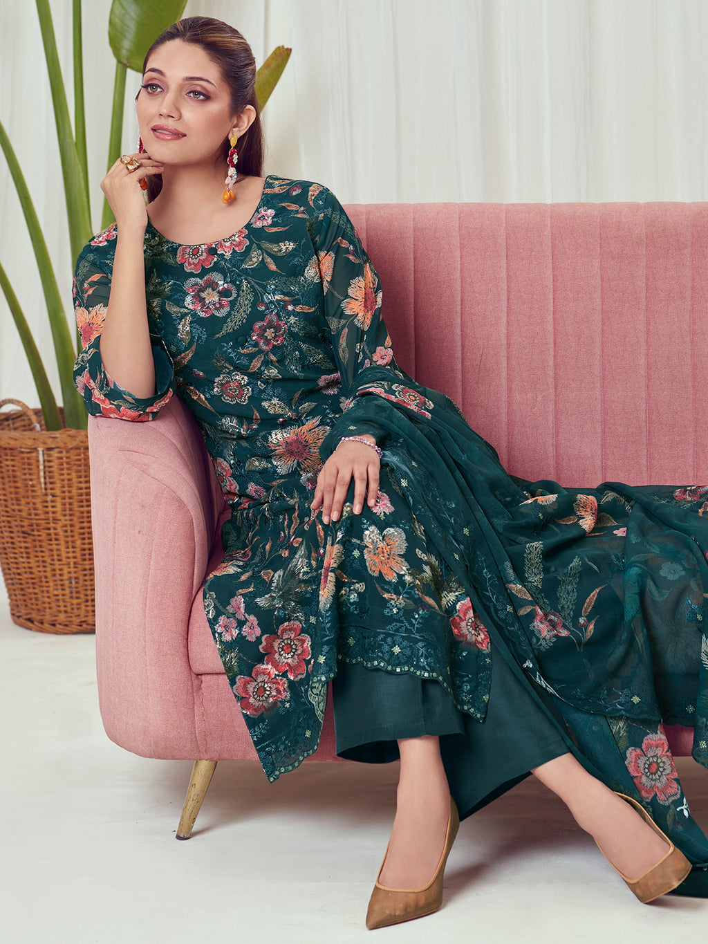 Peacock Lagoon Georgette Dress Material | Floral Digital Print with Resham & Sequin