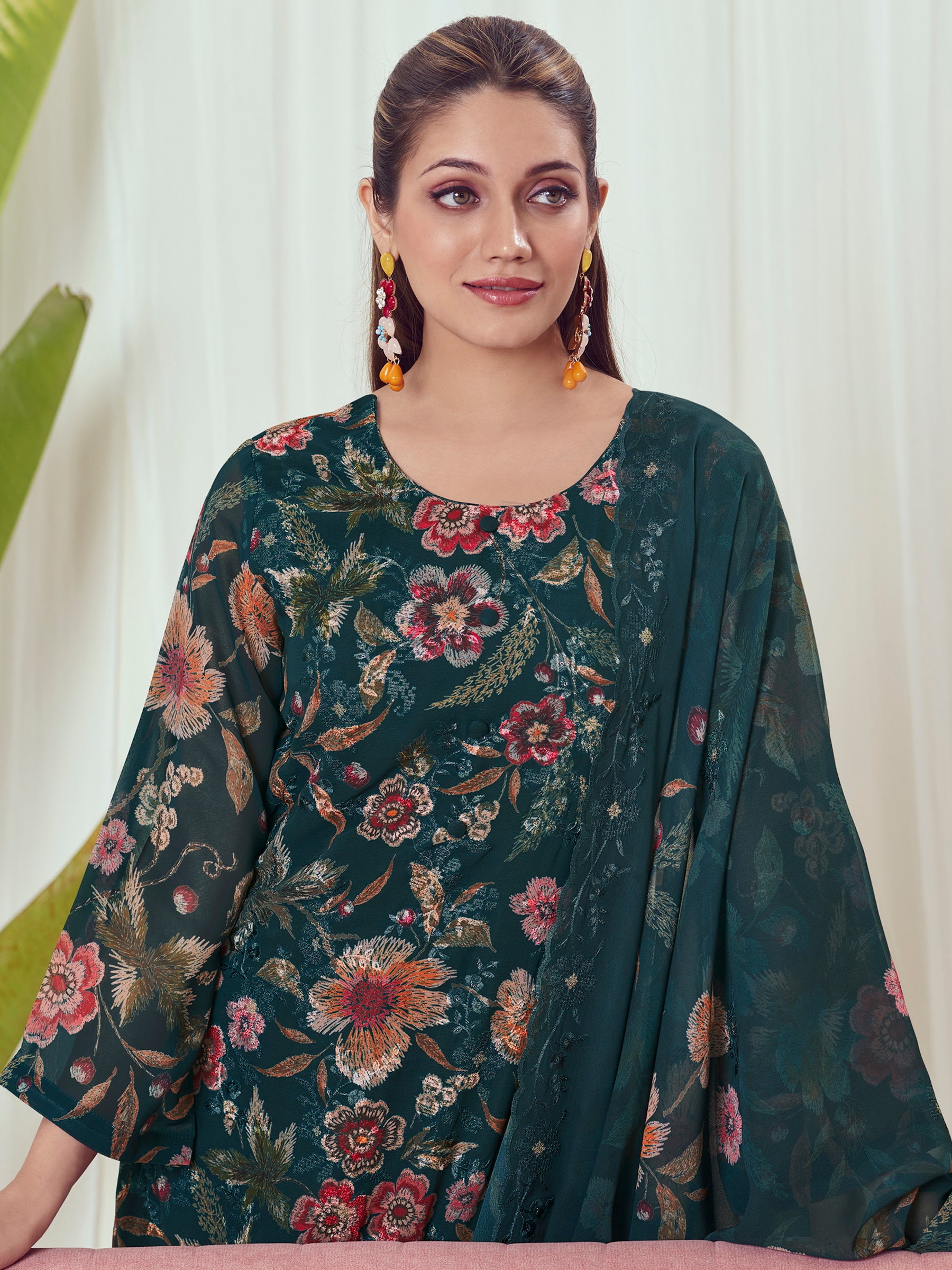 Peacock Lagoon Georgette Dress Material | Floral Digital Print with Resham & Sequin