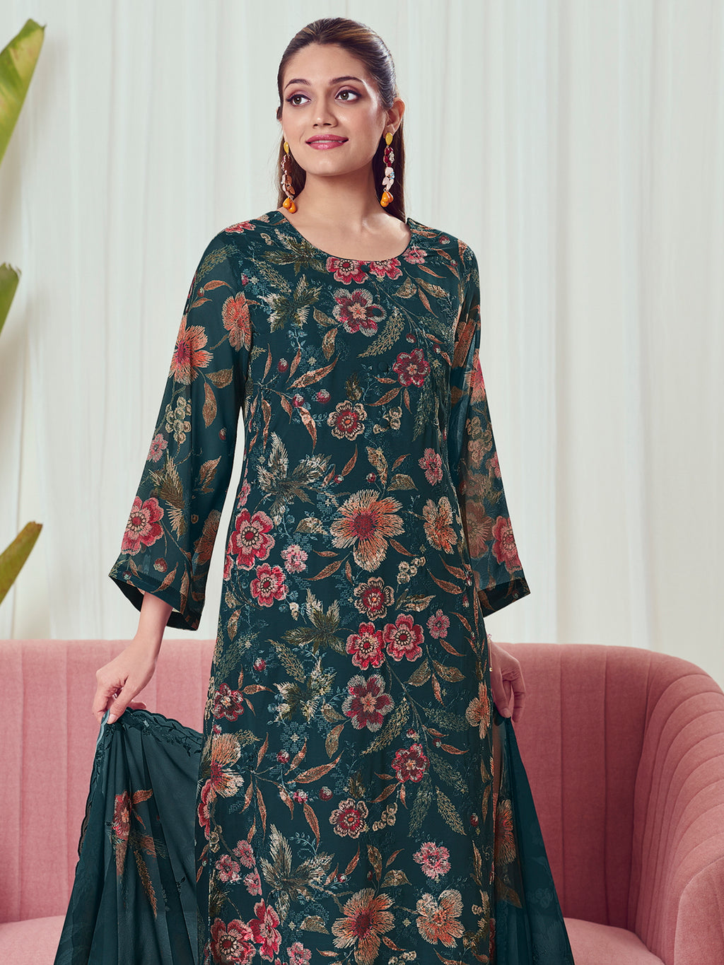 Peacock Lagoon Georgette Dress Material | Floral Digital Print with Resham & Sequin