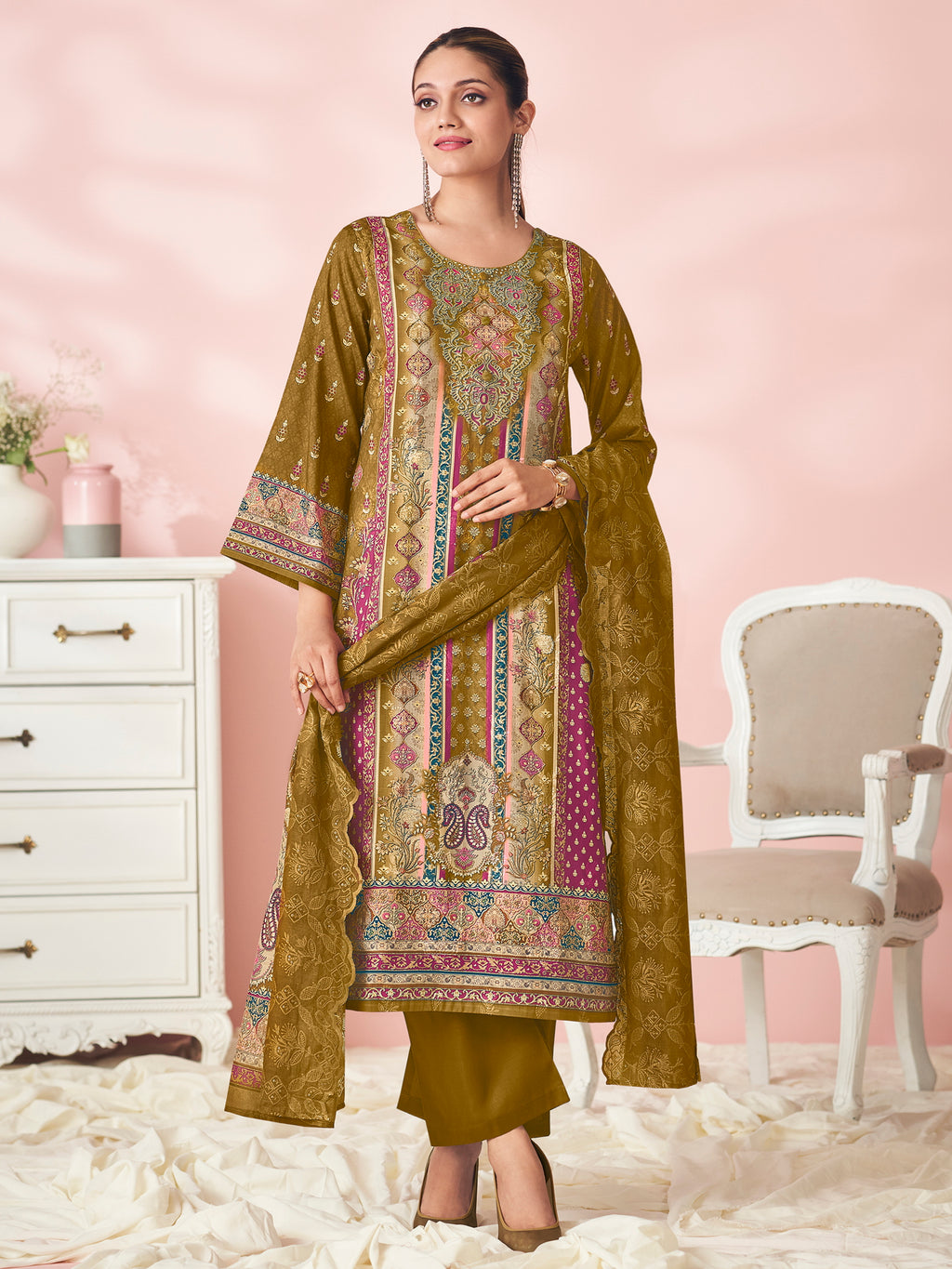 Mustard Garden Symphony Designer Salwar Suit | Floral Digital Print with Resham & Sequin Embroidery
