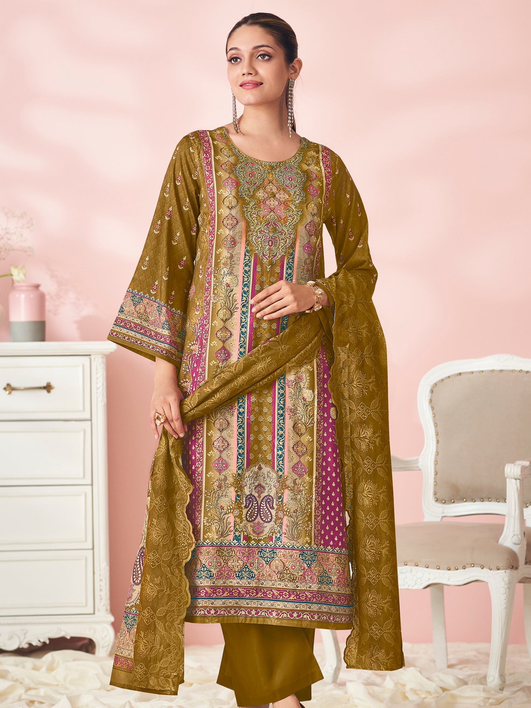 Mustard Garden Symphony Designer Salwar Suit | Floral Digital Print with Resham & Sequin Embroidery