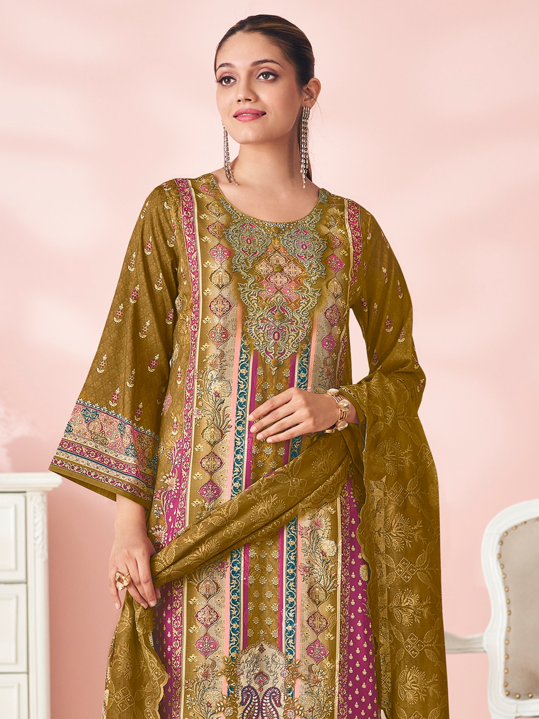 Mustard Garden Symphony Designer Salwar Suit | Floral Digital Print with Resham & Sequin Embroidery