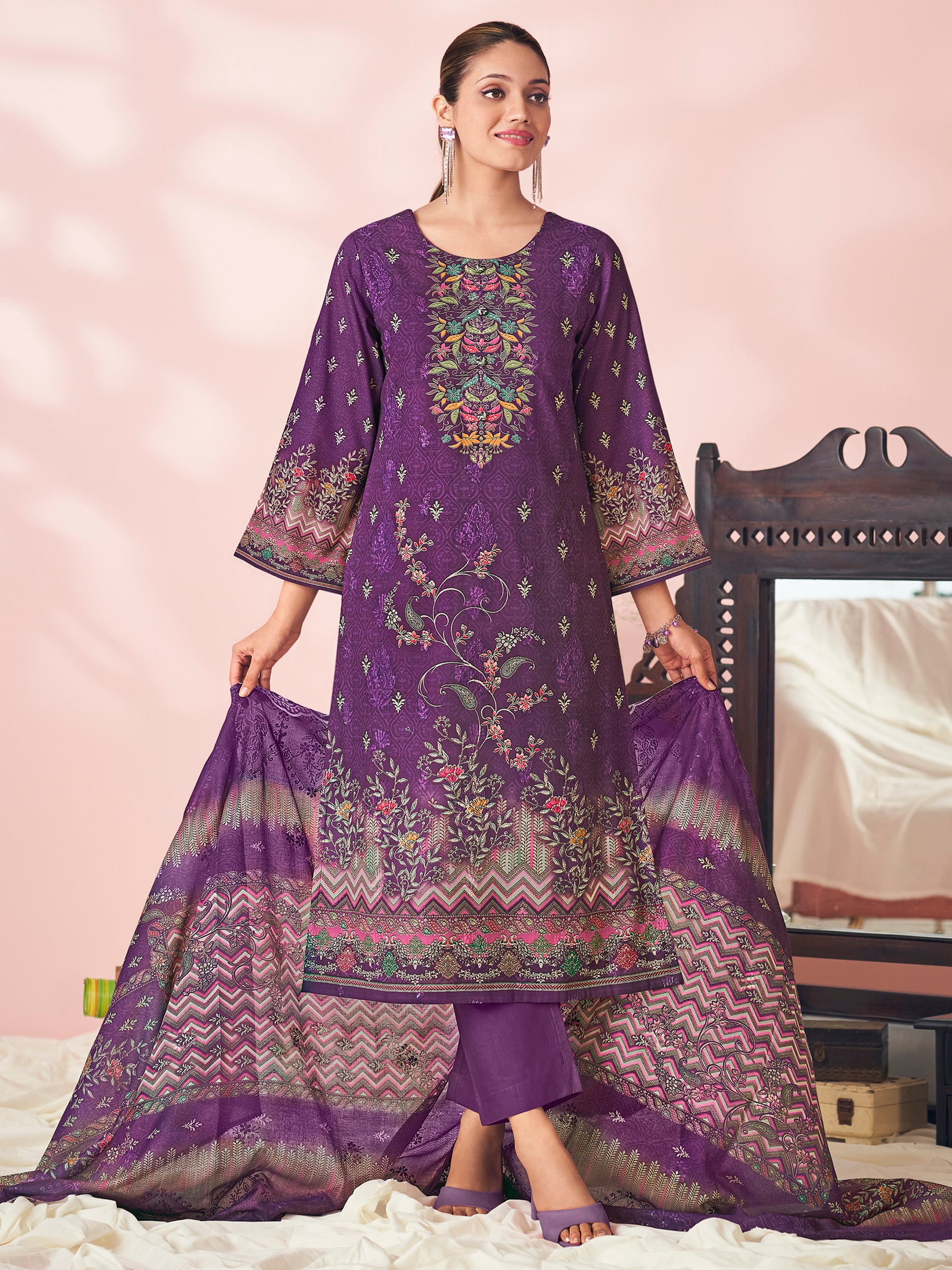 Royal Velvet Bloom Ethnic Suit Set | Floral Digital Print with Resham & Sequin Embroidery