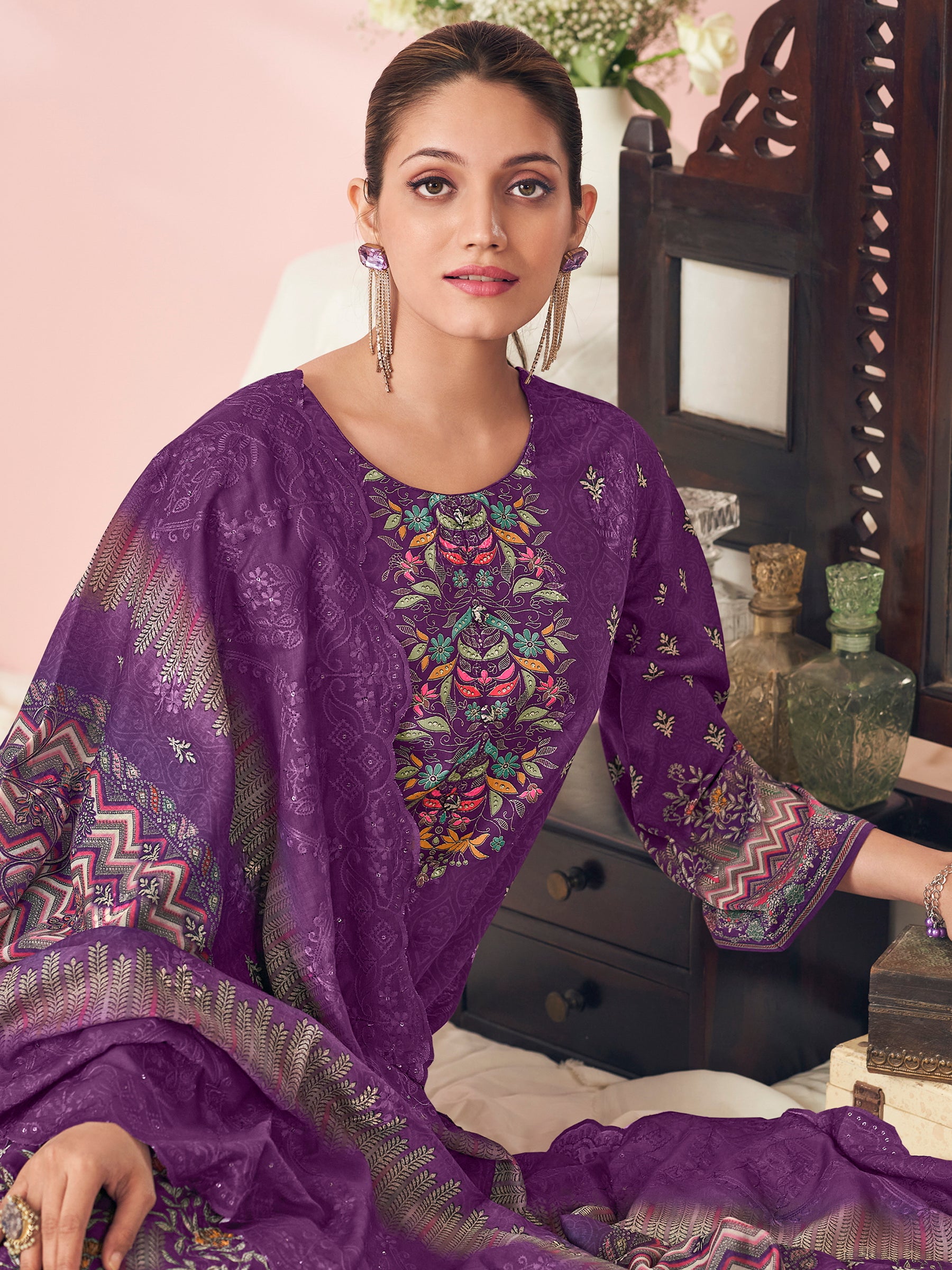 Royal Velvet Bloom Ethnic Suit Set | Floral Digital Print with Resham & Sequin Embroidery