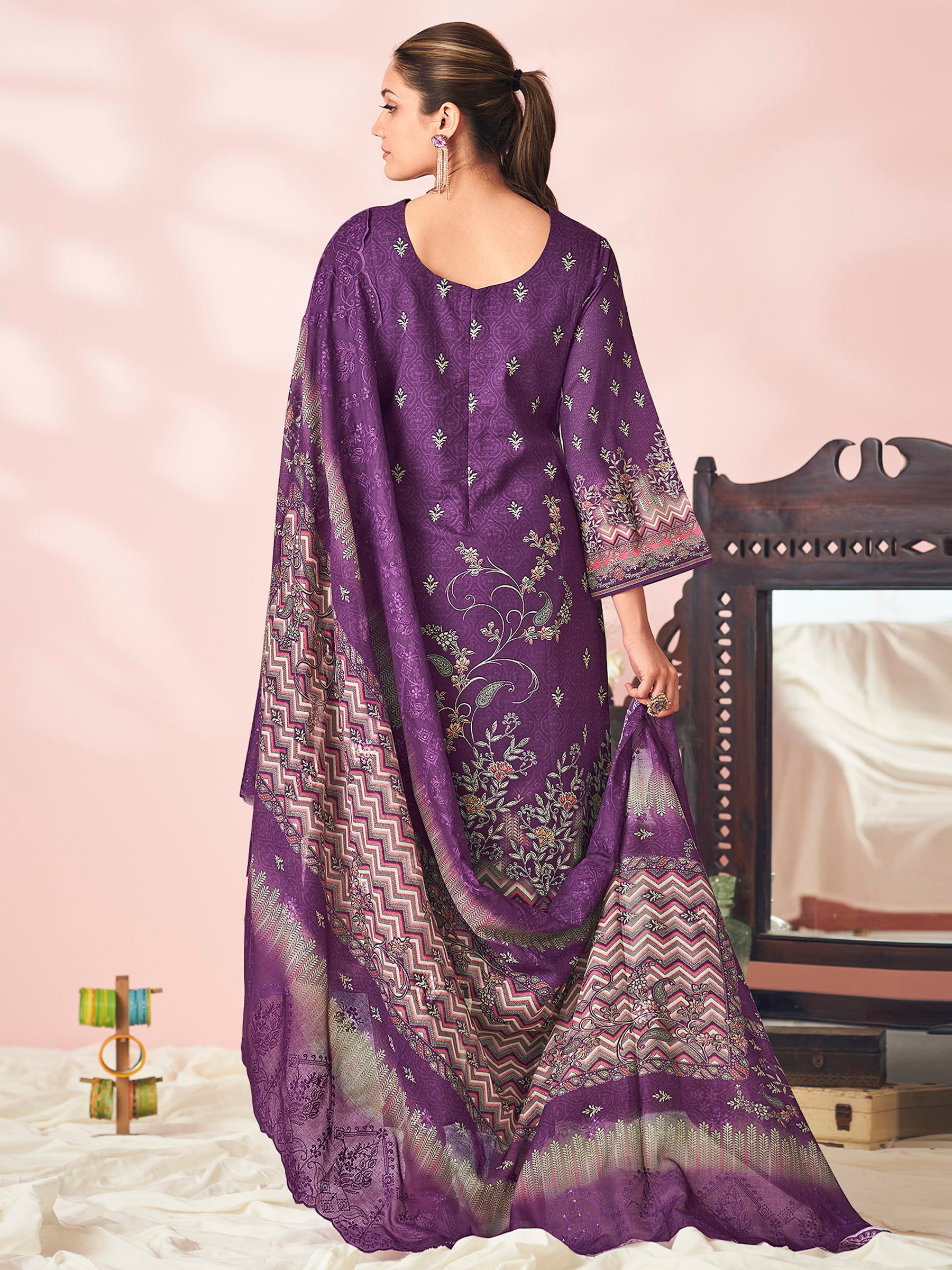 Royal Velvet Bloom Ethnic Suit Set | Floral Digital Print with Resham & Sequin Embroidery