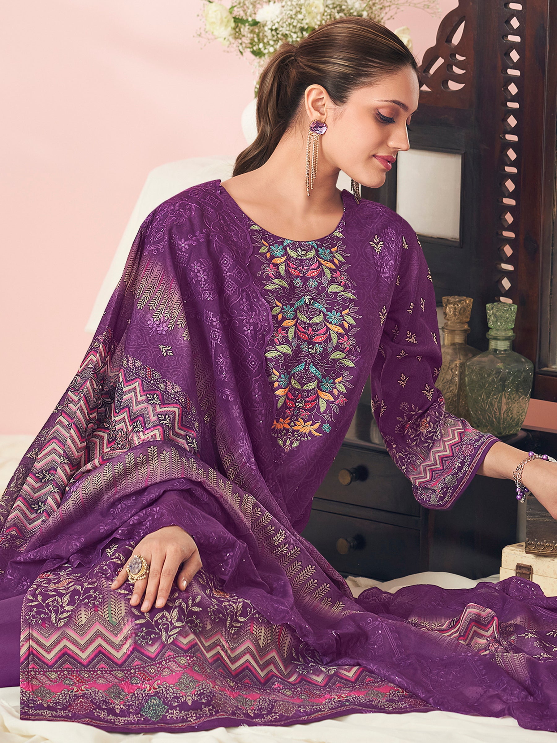Royal Velvet Bloom Ethnic Suit Set | Floral Digital Print with Resham & Sequin Embroidery