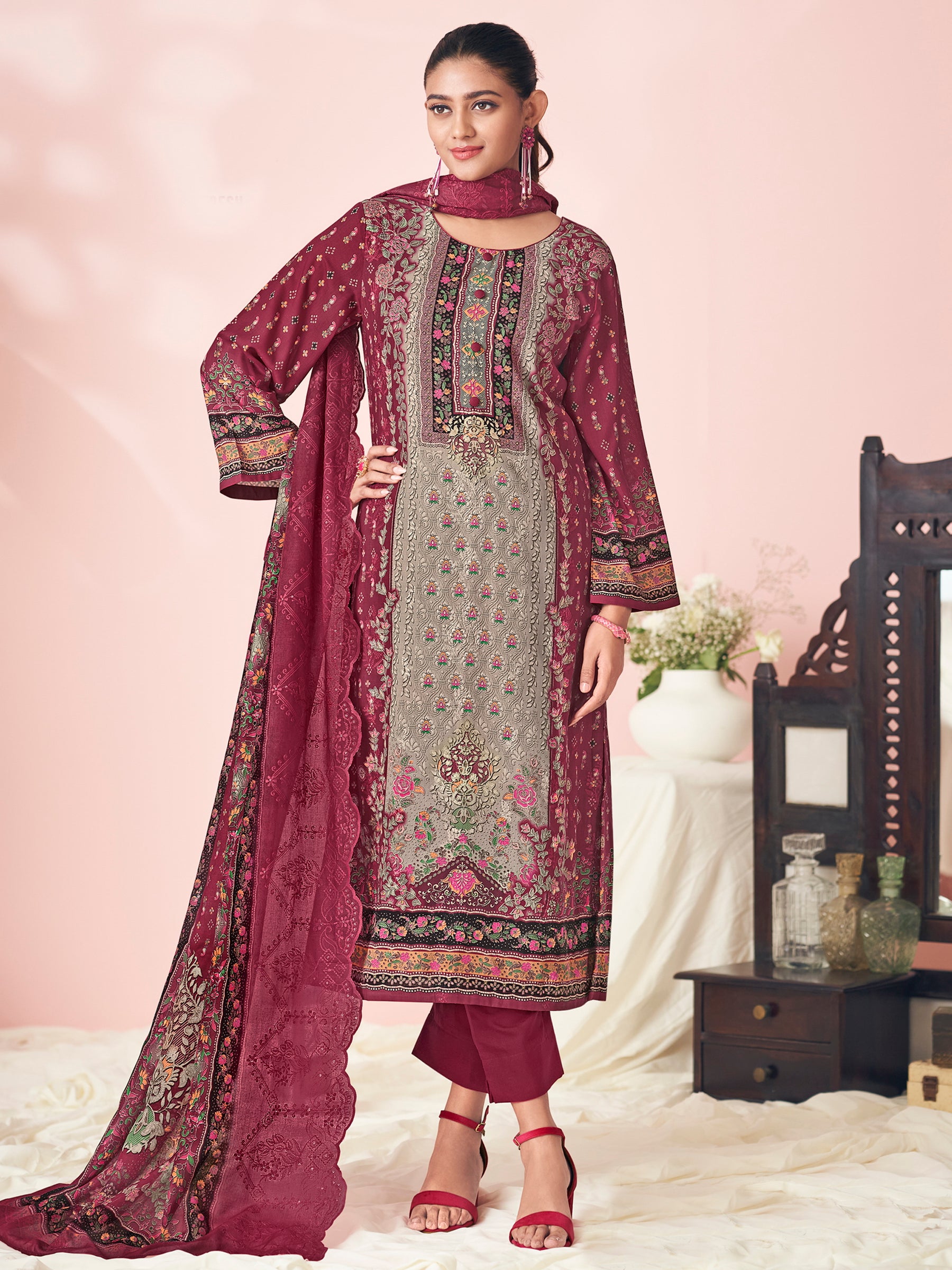 Heritage Maroon Splendor Designer Suit | Floral Digital Print with Resham & Sequin Embroidery