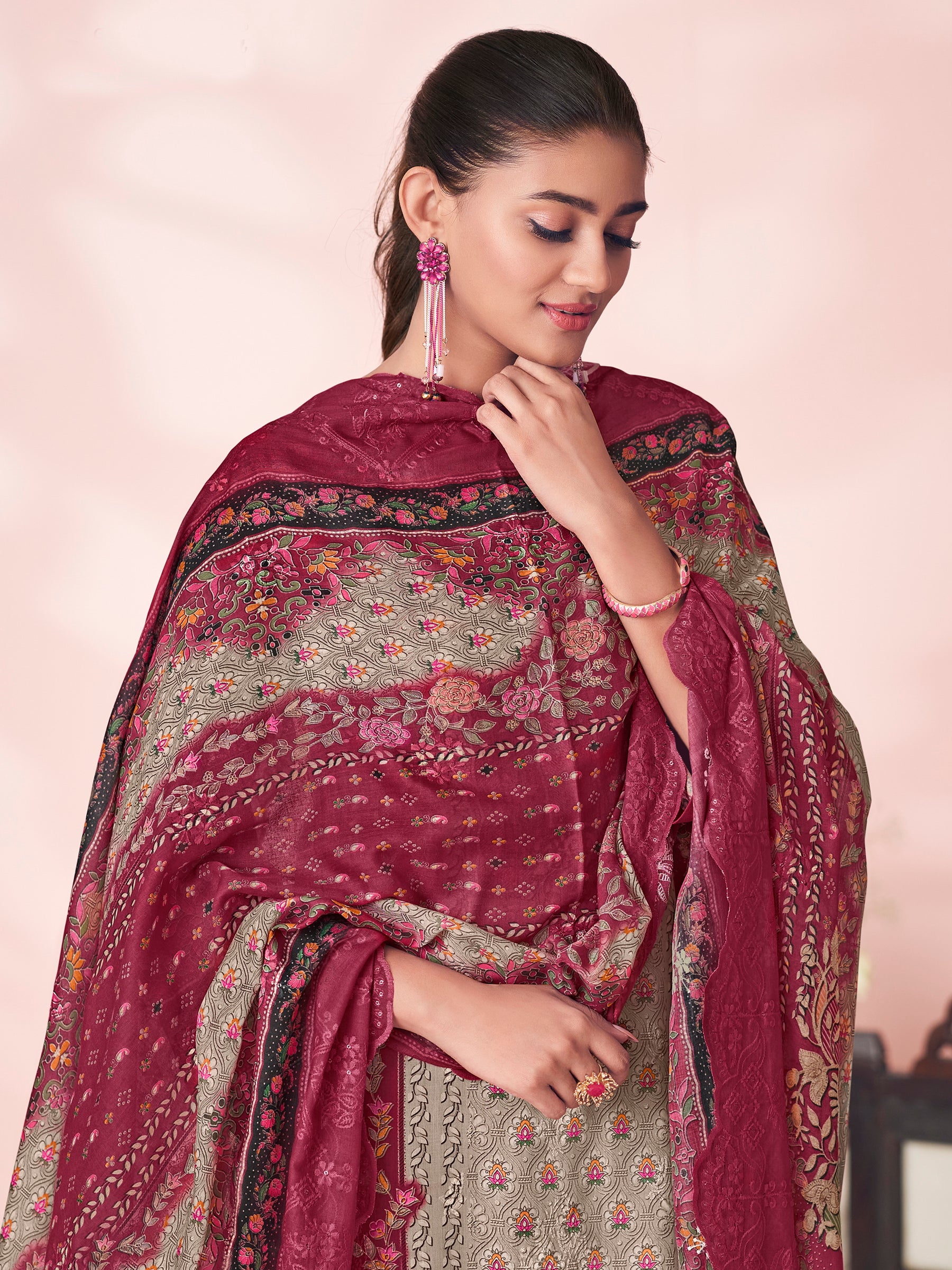 Heritage Maroon Splendor Designer Suit | Floral Digital Print with Resham & Sequin Embroidery