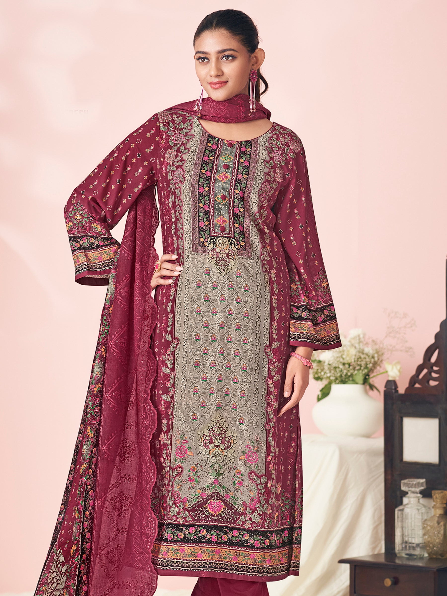 Heritage Maroon Splendor Designer Suit | Floral Digital Print with Resham & Sequin Embroidery
