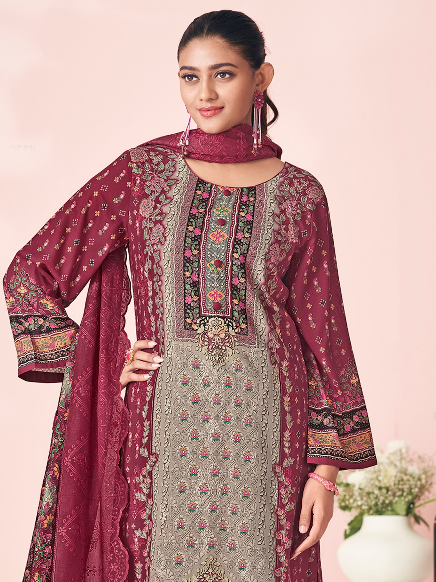 Heritage Maroon Splendor Designer Suit | Floral Digital Print with Resham & Sequin Embroidery