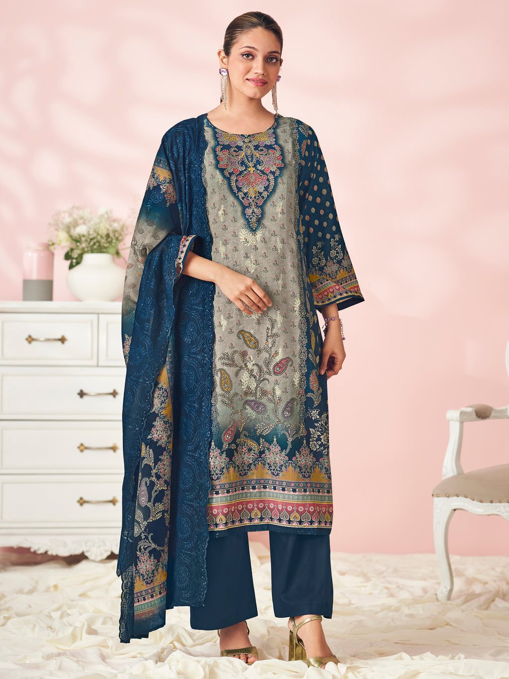Midnight Ocean Designer Salwar Suit | Floral Digital Print with Resham & Sequin Embroidery