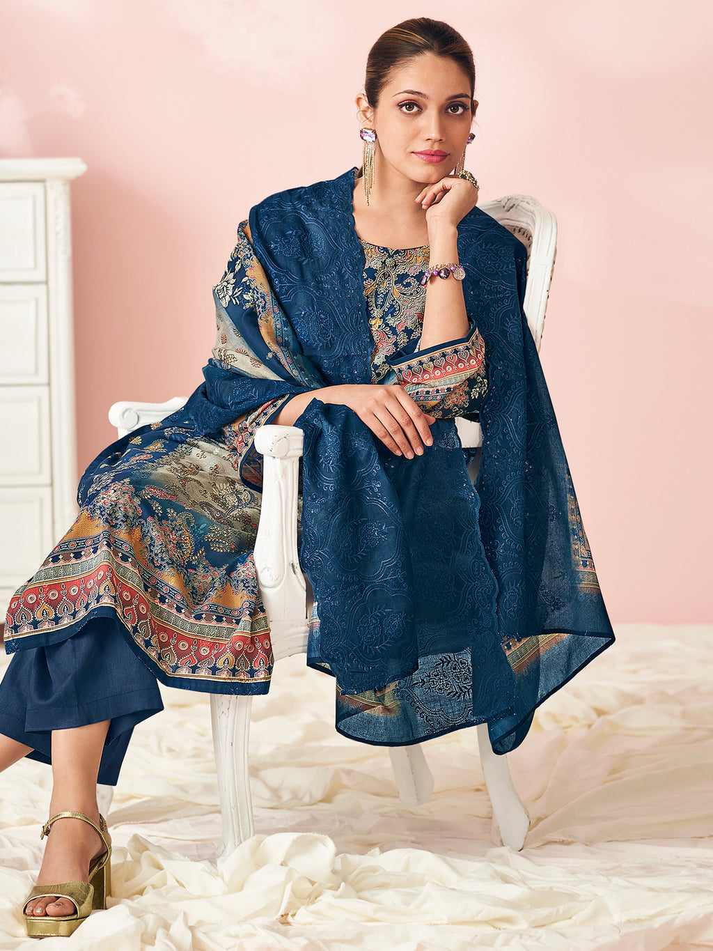 Midnight Ocean Designer Salwar Suit | Floral Digital Print with Resham & Sequin Embroidery