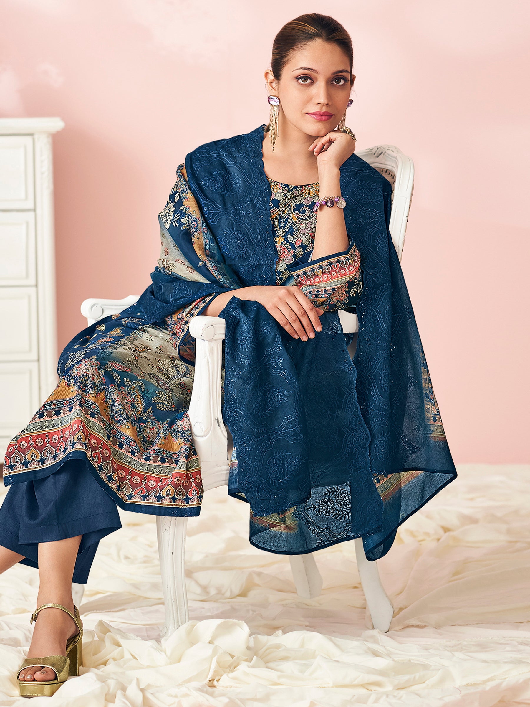 Midnight Ocean Designer Salwar Suit | Floral Digital Print with Resham & Sequin Embroidery