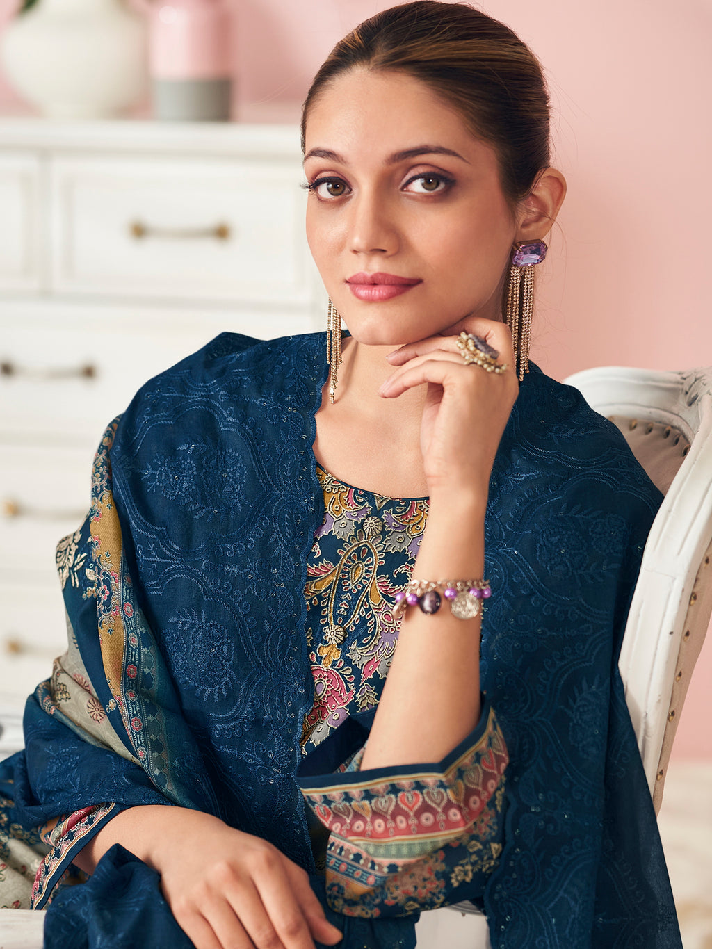 Midnight Ocean Designer Salwar Suit | Floral Digital Print with Resham & Sequin Embroidery