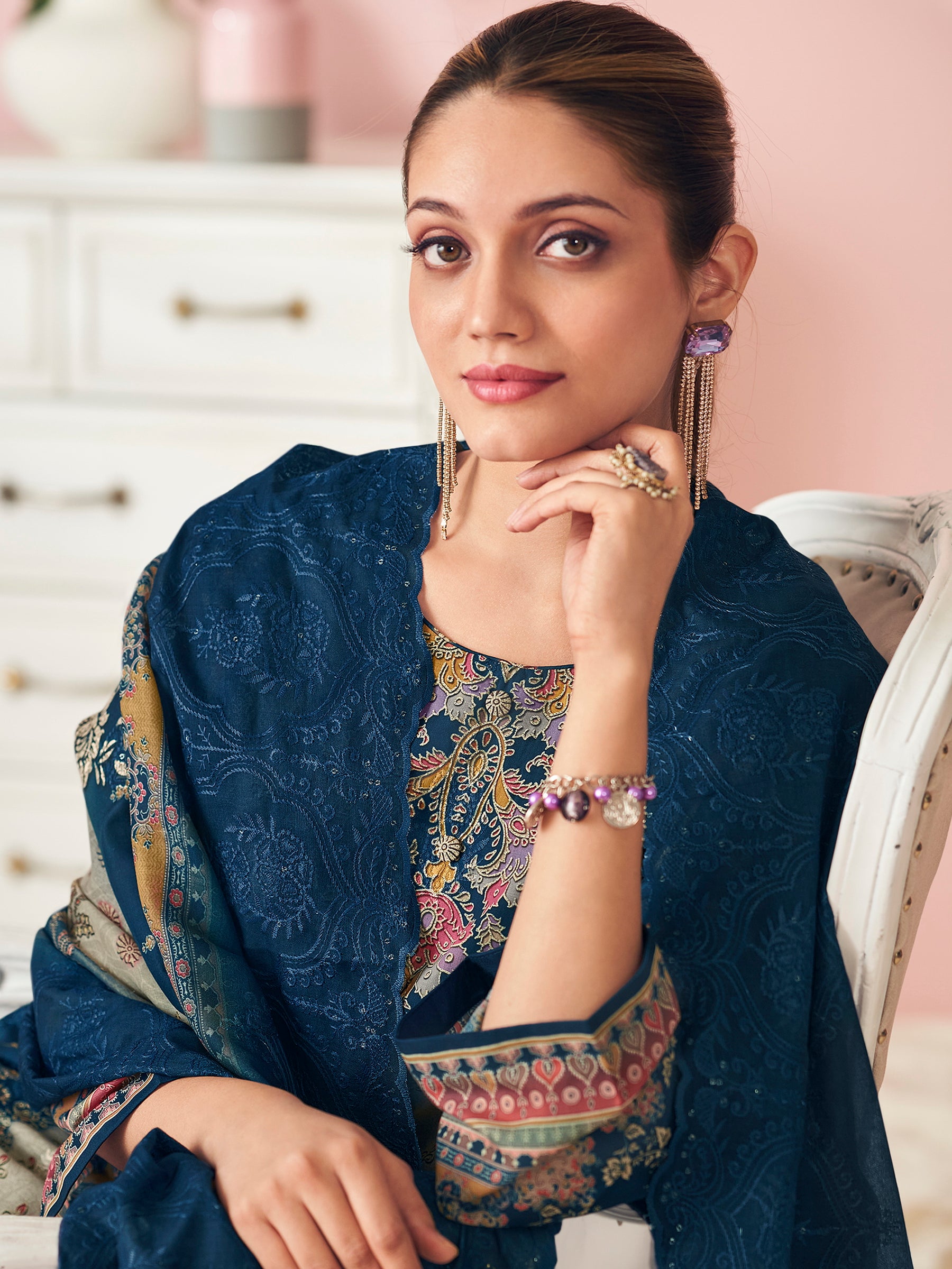 Midnight Ocean Designer Salwar Suit | Floral Digital Print with Resham & Sequin Embroidery