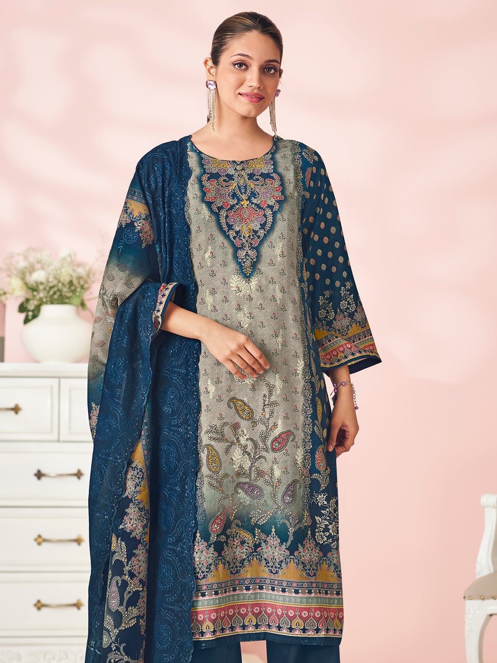 Midnight Ocean Designer Salwar Suit | Floral Digital Print with Resham & Sequin Embroidery