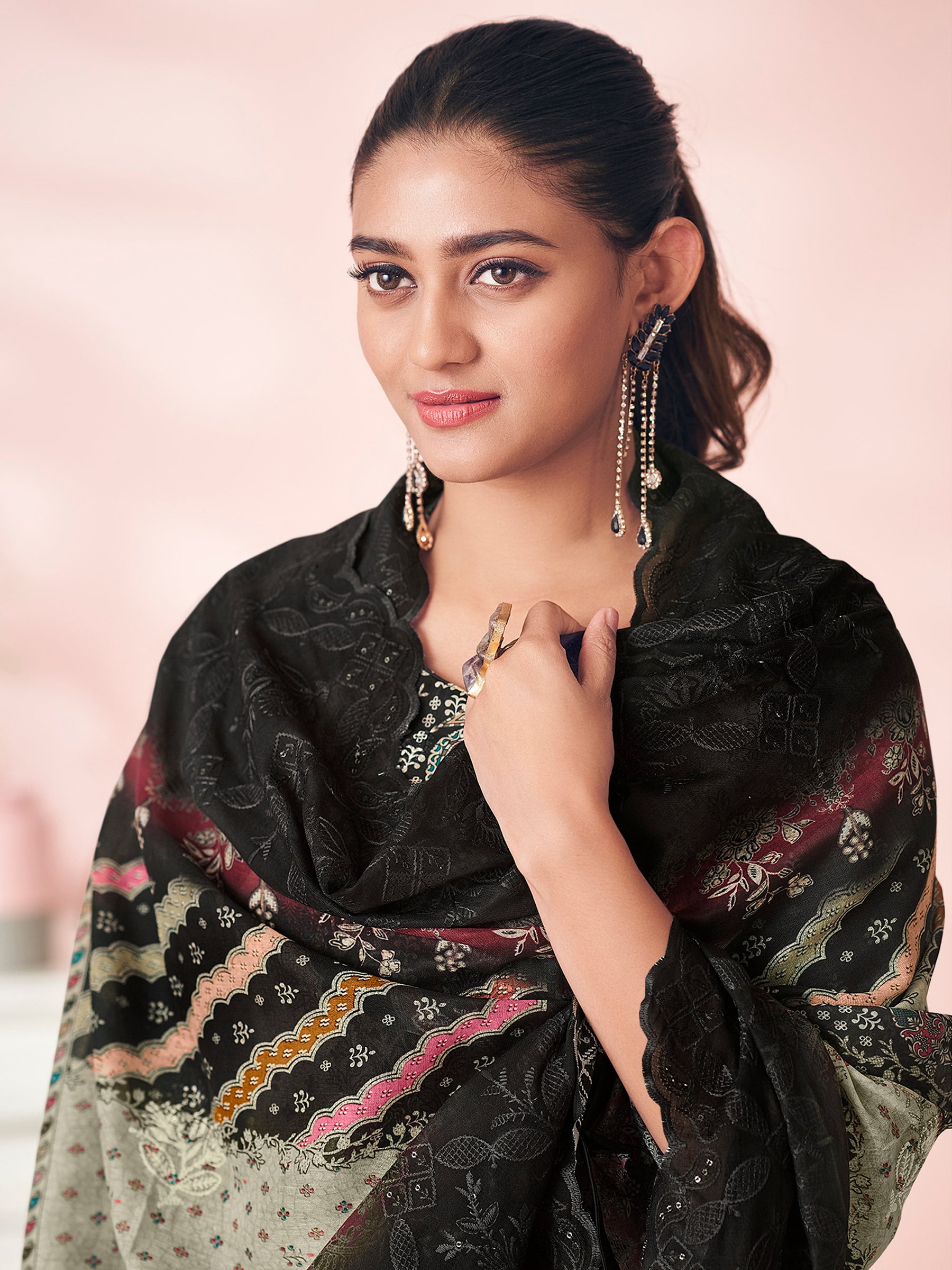 Ebony Elegance Ethnic Suit Set | Floral Digital Print with Resham & Sequin Embroidery