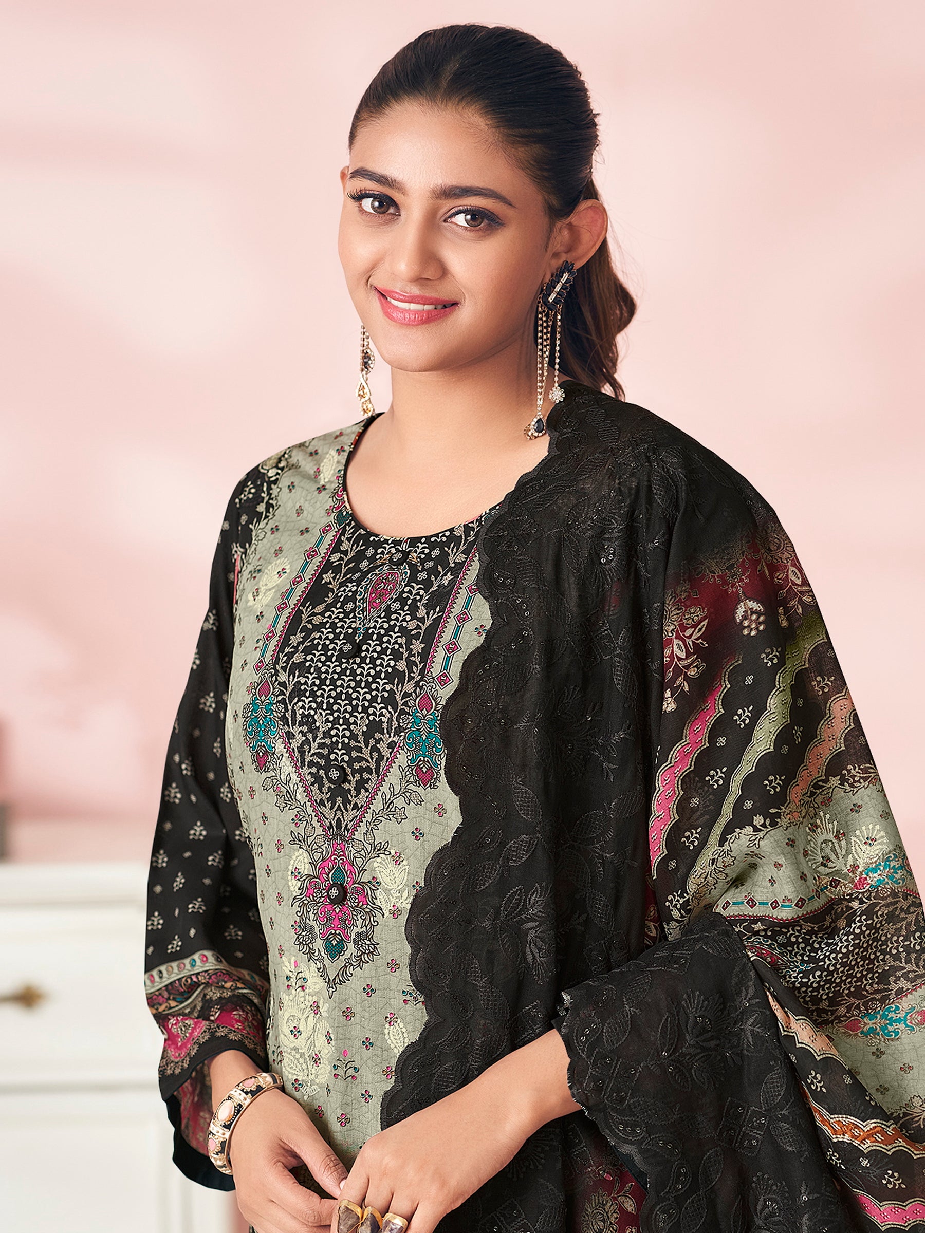 Ebony Elegance Ethnic Suit Set | Floral Digital Print with Resham & Sequin Embroidery